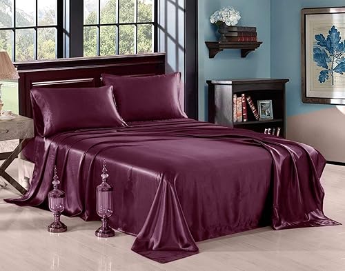 Juego de sábanas satén de seda 100% pura, 4 piezas, sábana bajera para colchón de hasta 15 pulgadas de profundidad, juego de sábana encimera y