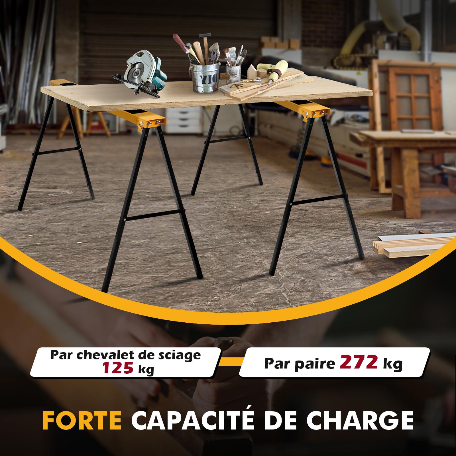 GYMAX Lot de 2 Tréteaux en Métal Pliable, Outils de Sciage, avec Poignée de Transport Pratique, pour Découpe du Bois, Capacité Max. 275KG