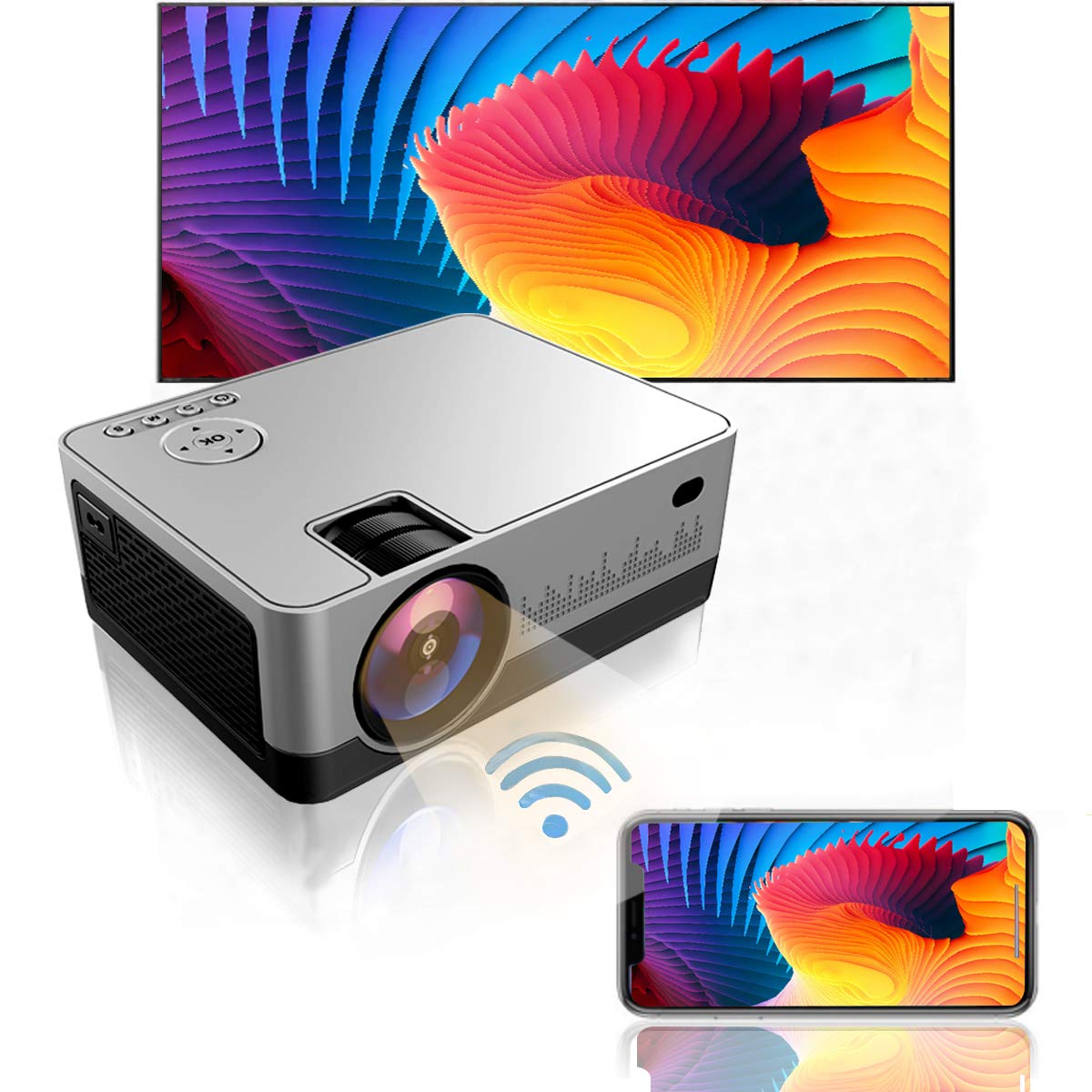 QWERU Projector-002 Indoor Outdoor Portable Phone Projector with Synchronize Smart Screen Full HD 1080P Supported and 200’’Display, 5500 Lux WiFi, Compatible with PS4, HDMI, VGA, SD, AV, USB, Silver