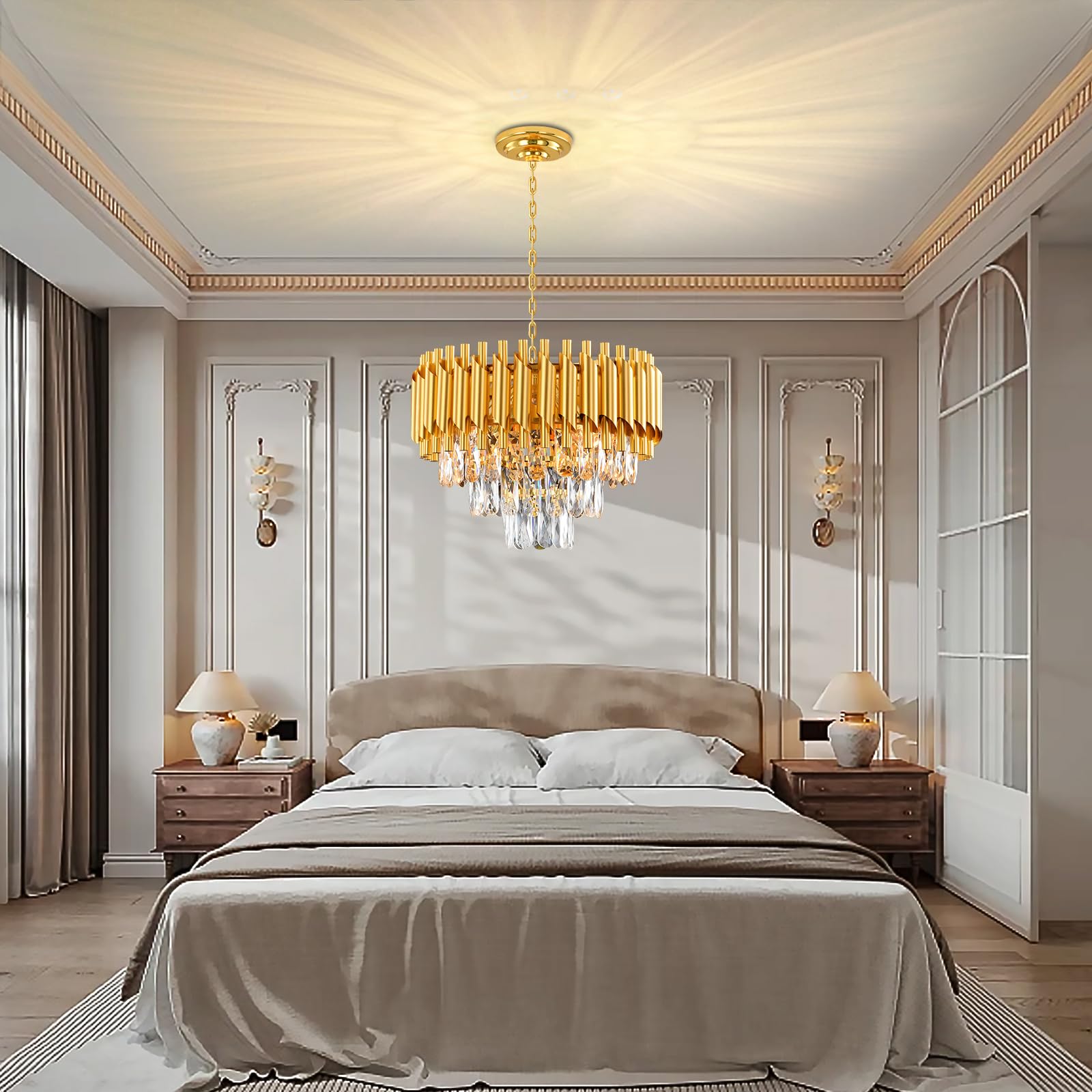 Lustre Golden Crystal Chandelier Lights, Modern Crystal Pendant Light, 3-Tier Raindrop Chandelier Light Fixture, 5xE14 lumières, pour le salon, la salle à manger, la chambre, le Restaurant, Ø40 cm