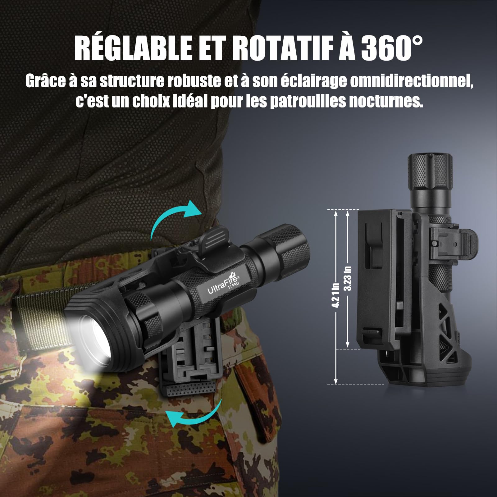 ULTRAFIRE T1 PRO Lampe torche tactique à LED avec étui de ceinture, 1000 lumens, mode unique, petite lampe de poche avec support de lampe de poche pour ceinture de service, torche de police pour