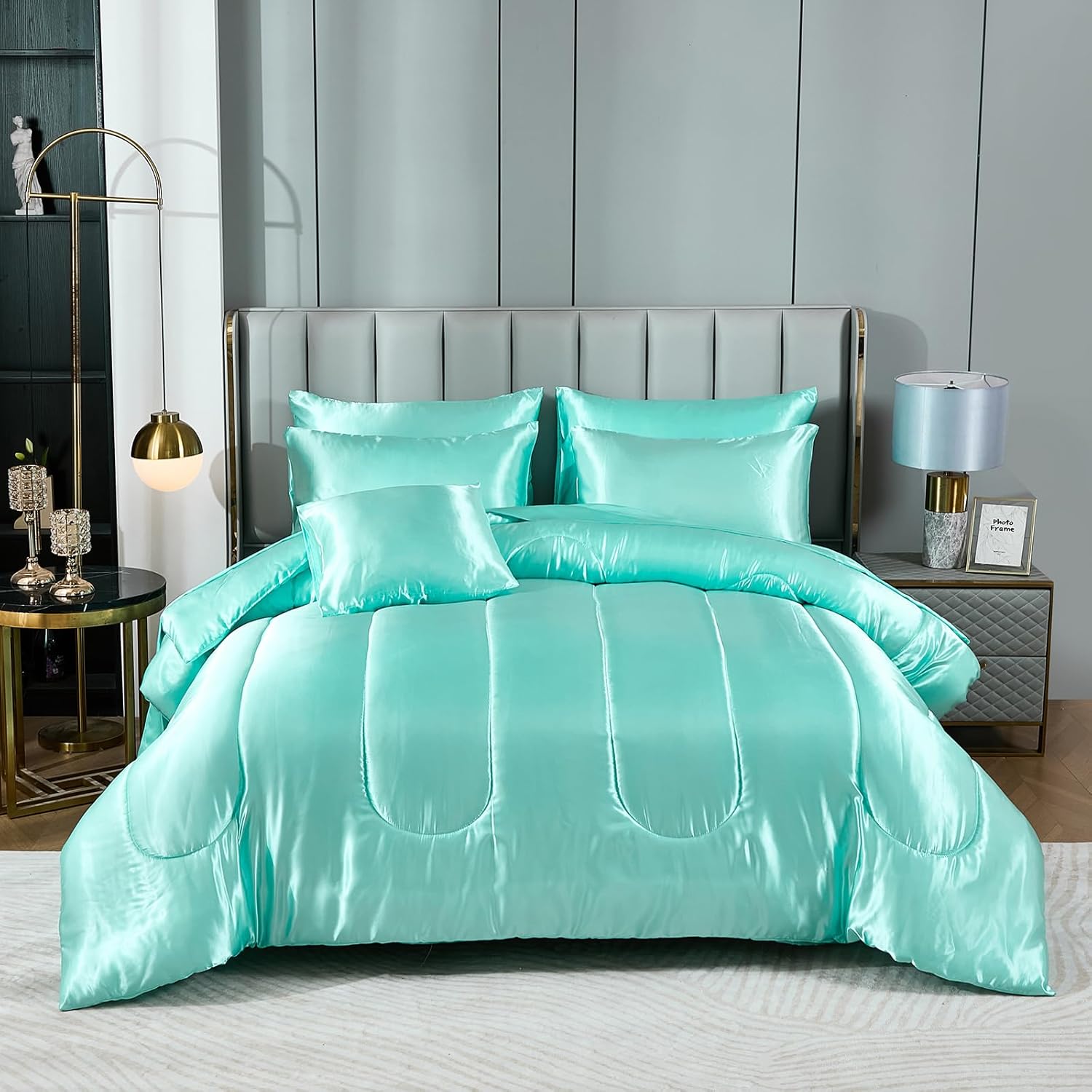 Silk Like Satin Comforter Set with Sheet Set Queen Size 8 Pieces Aqua Green Bedding Set Silky Bed-in-a-Bag Luxury Hotel Soft Silky Comforter Set with 1 Cushion Cover Silky Bed Set Queen Aqua Green