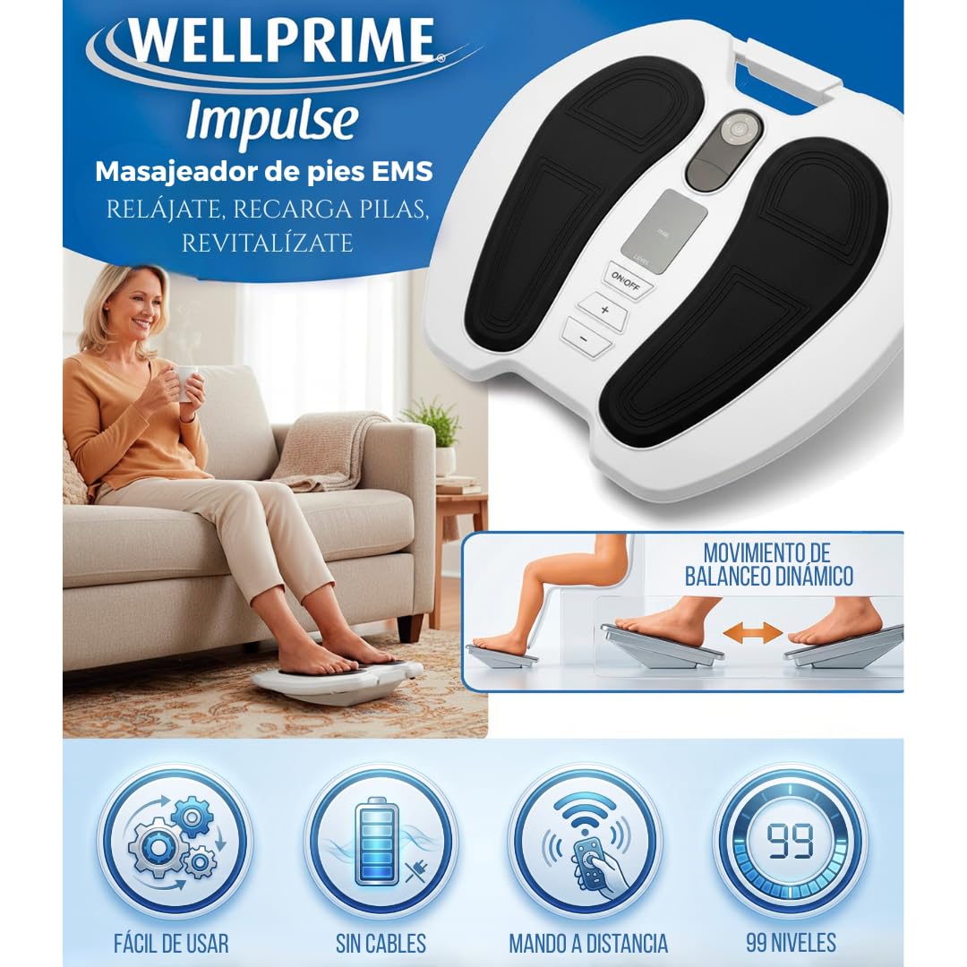 WELLPRIME Impulse Masajeador de Pies EMS con Mando a Distancia - Electroestimulador Muscular y Circulación, 99 Niveles de Intensidad