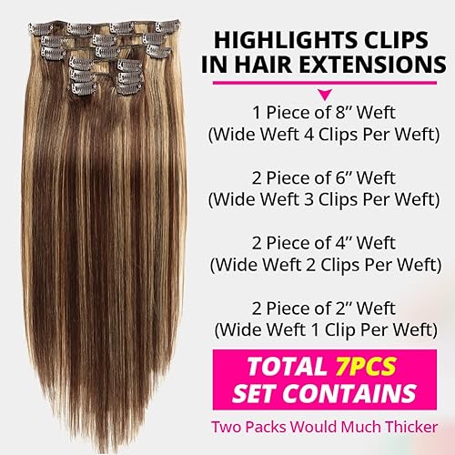 Miniatura 2 de Asteria Extensiones de cabello humano real con broches, para mujer, con reflejos, color marrón chocolate a rubio caramelo, extensiones de cabello