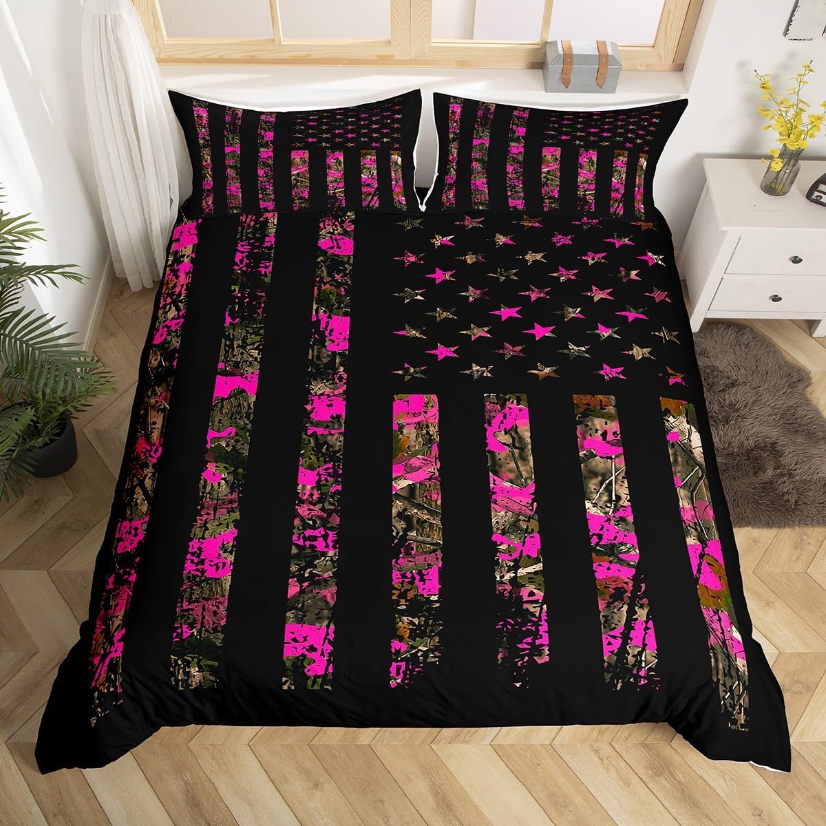 Feelyou Hot Pink Camouflage Duvet Cover Boys Girls Twin Size Camo Wild Bedding Set for Kids Women Men Wild Hunting Comforter Cover Set Military Style Bedspread Cover Room Decor Bedclothes Zipper