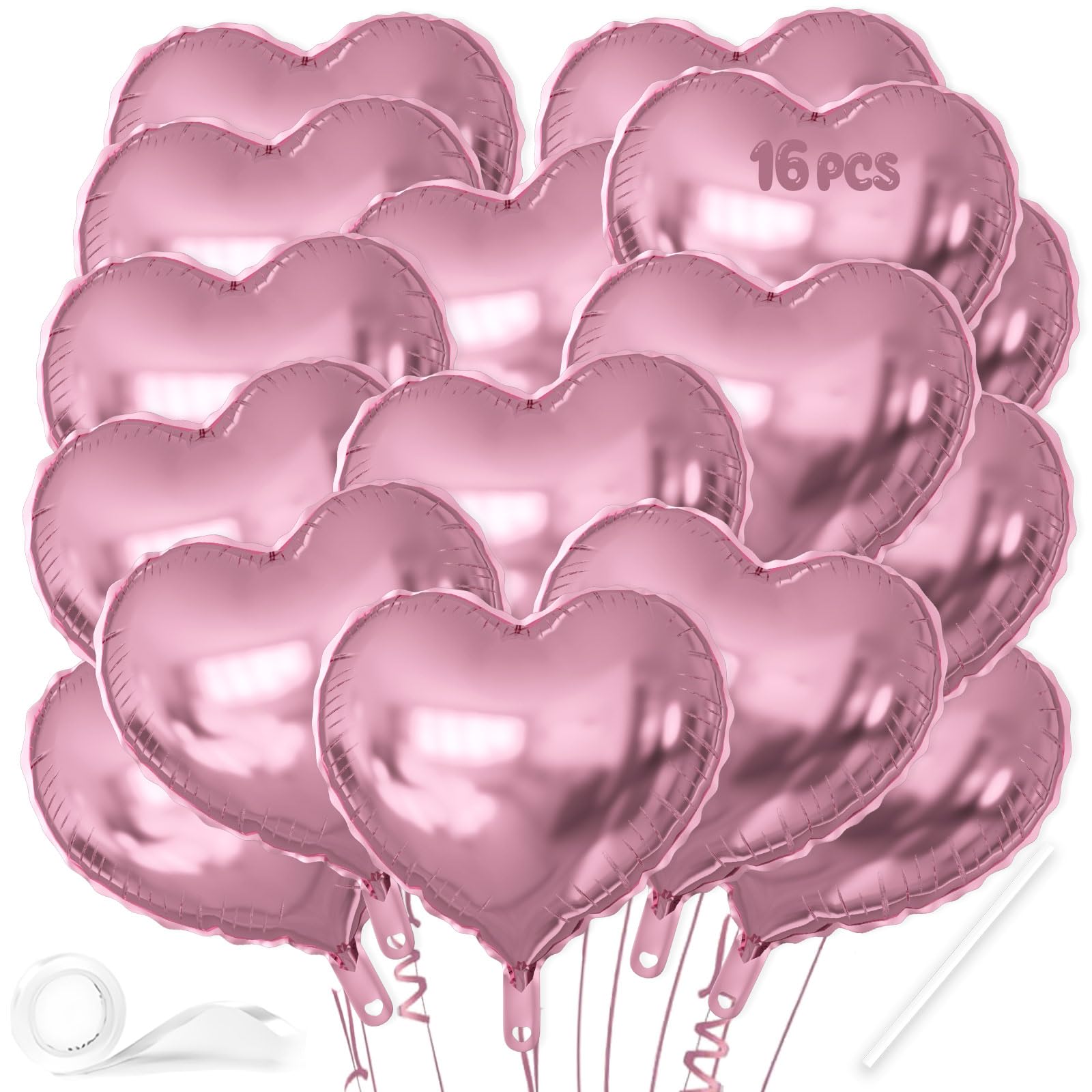 16 Pcs Heart Balloons, 18 Inch Pink Love Heart Shaped Foil Balloons for Wedding Anniversary Birthday Party Valentine Decorations Baby Shower Bridal