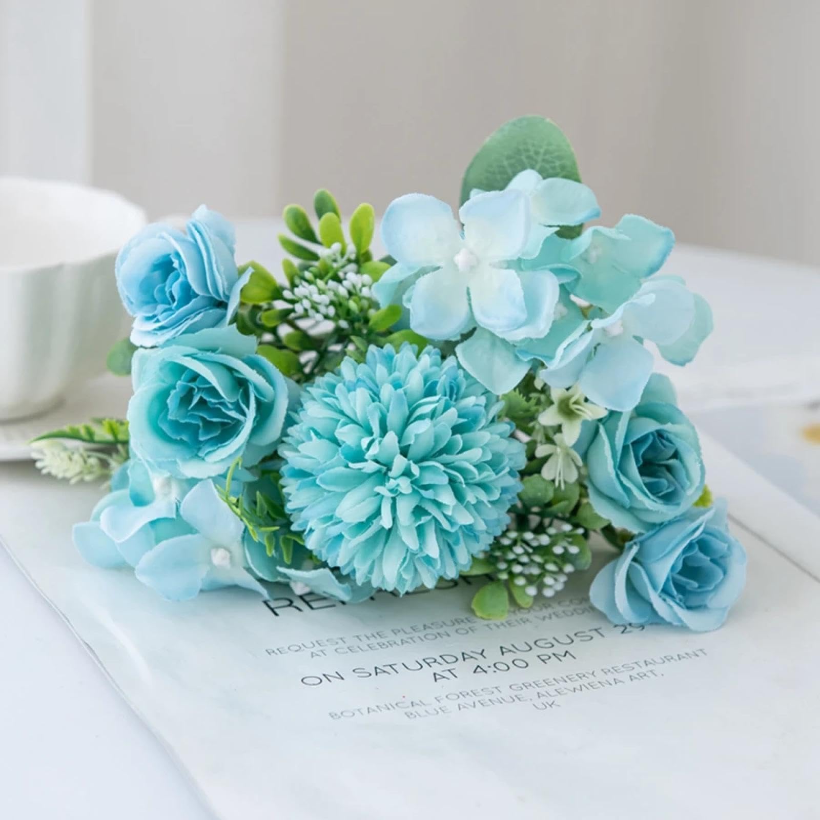 Chrysanthèmes artificiels et roses en soie bleu 29 cm sans entretien