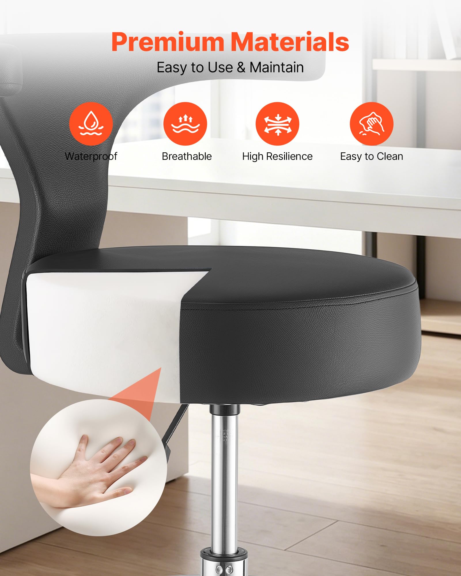 VEVOR Rollhocker 226,8 kg, Arbeitshocker Höhenverstellbar, mit Rückenlehne & Ergonomischem Sitz aus PU-Leder, 360° Drehbar, Ideal für Zahnarztpraxen, Kosmetikstudios & Kliniken, Schwarz