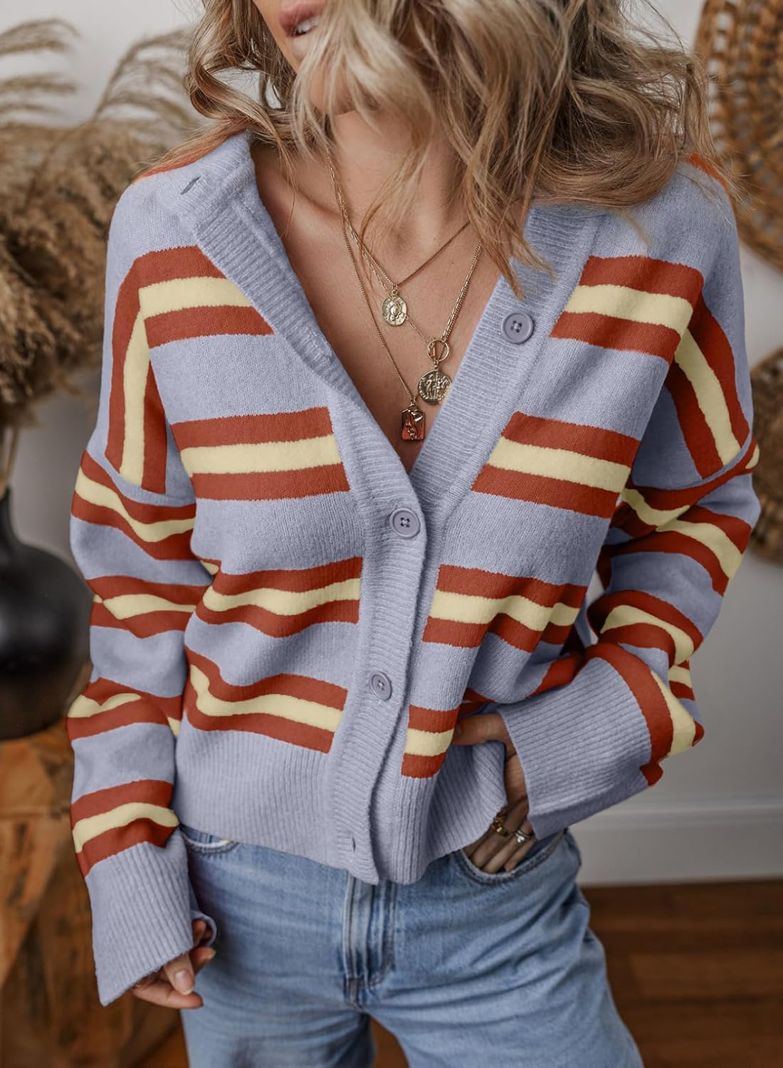 EVALESS Women's Striped Cardigan Sweaters Trendy Lightweight Chunky Knit Cropped Sweaters Outfits Outerwear Coats - Image 4