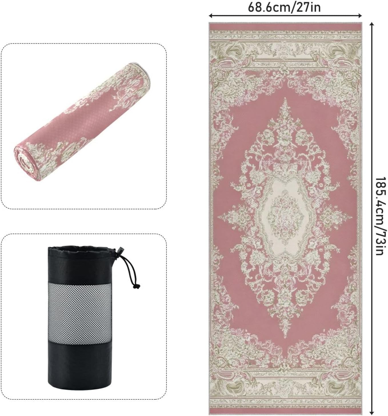 Persian Pattern White Yoga Mat Towel with Silicone Grip Dot – 73"x27" Non-Slip Sweat Absorbent Microfiber Yoga Towel for Home Gym Studio