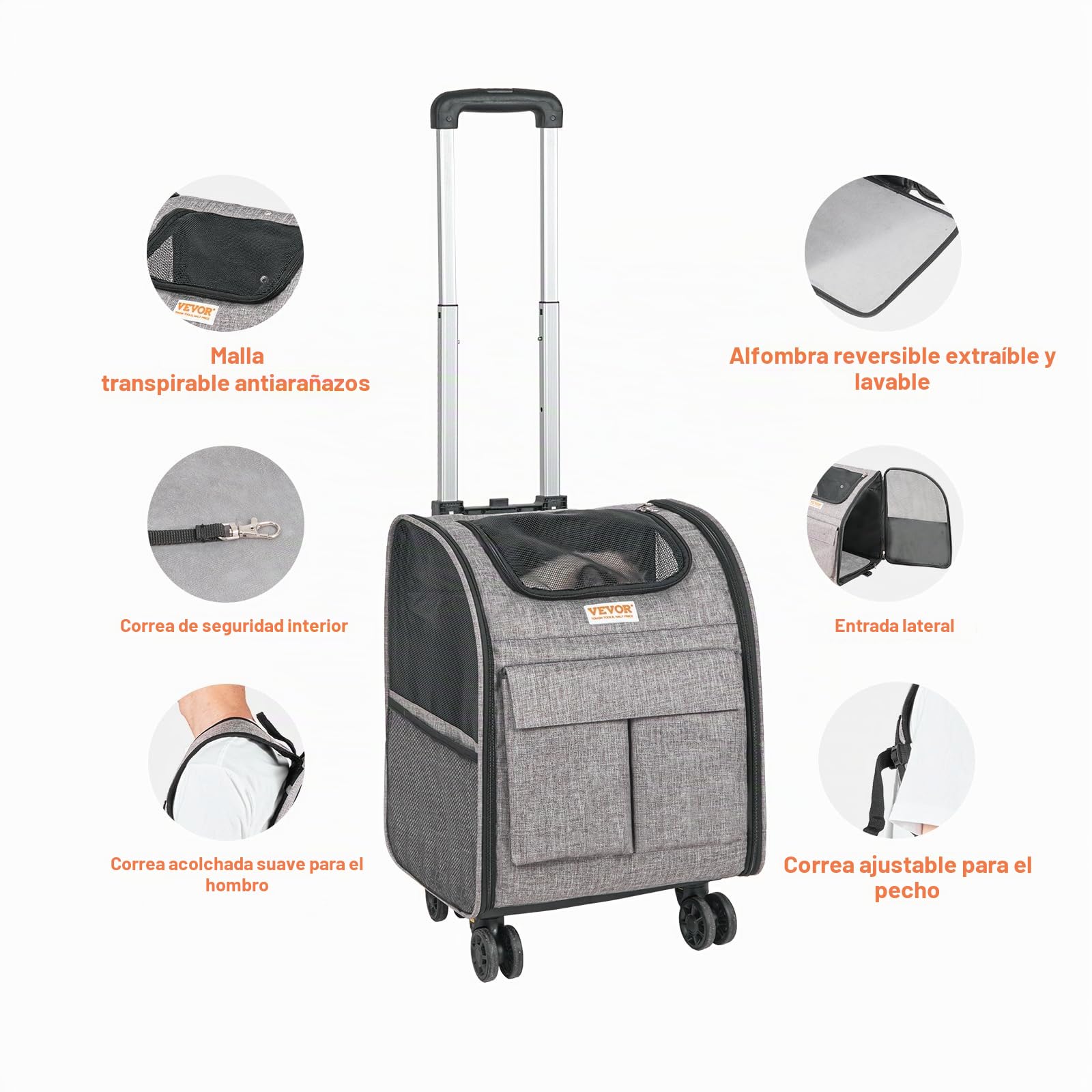 VEVOR Transportín para Mascotas con Ruedas Carga de 8,1 kg Maleta para Gatos 34x28x42 cm Transportador para Mascotas con Asa Telescópica Correa para Hombro Cremallera con Autocierre para Perros, Gris