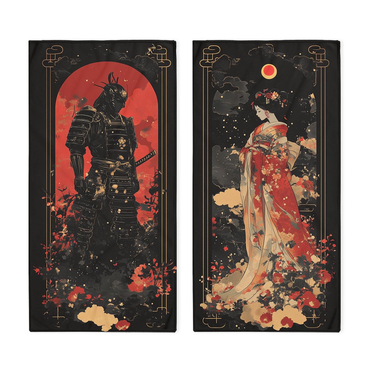 HLDBS Samurai Bath Hand Towels Absorbent Japanese Graceful Geisha Black Red Art Decorative Hand Towels for Bathroom Kitchen Home Spa Hotel Yoga,