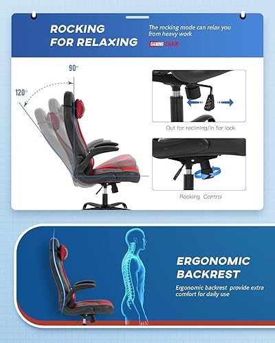 Miniatura 4 de Sillas de juegos para adultos, silla giratoria de piel sintética, ajustable, con soporte lumbar, reposabrazos abatibles, reposacabezas para adultos,