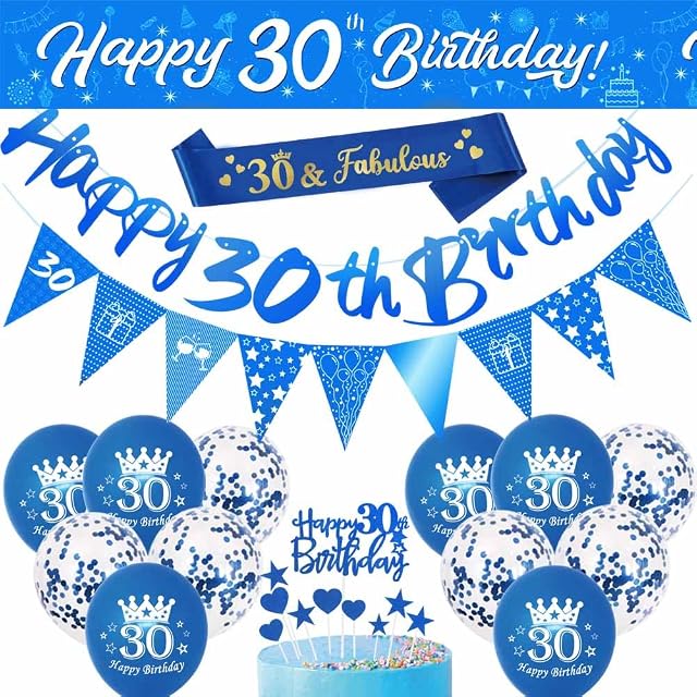 30th Birthday Decorations Set,17 Pieces Birthday Party Decoration Include Blue Happy 30th Birthday Banner,Triangle Flag Banner,Confetti Latex Balloons for Men Birthday Party Decorations