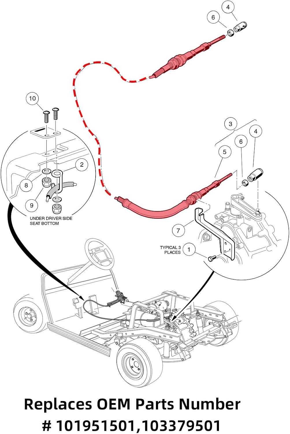 Roykaw Golf Cart Transmission Shift Cable Forward/Reverse Cable Replacement for Club Car DS Gas Vehicles (1998-2003), OEM# 101951401, 101951501, 103379501