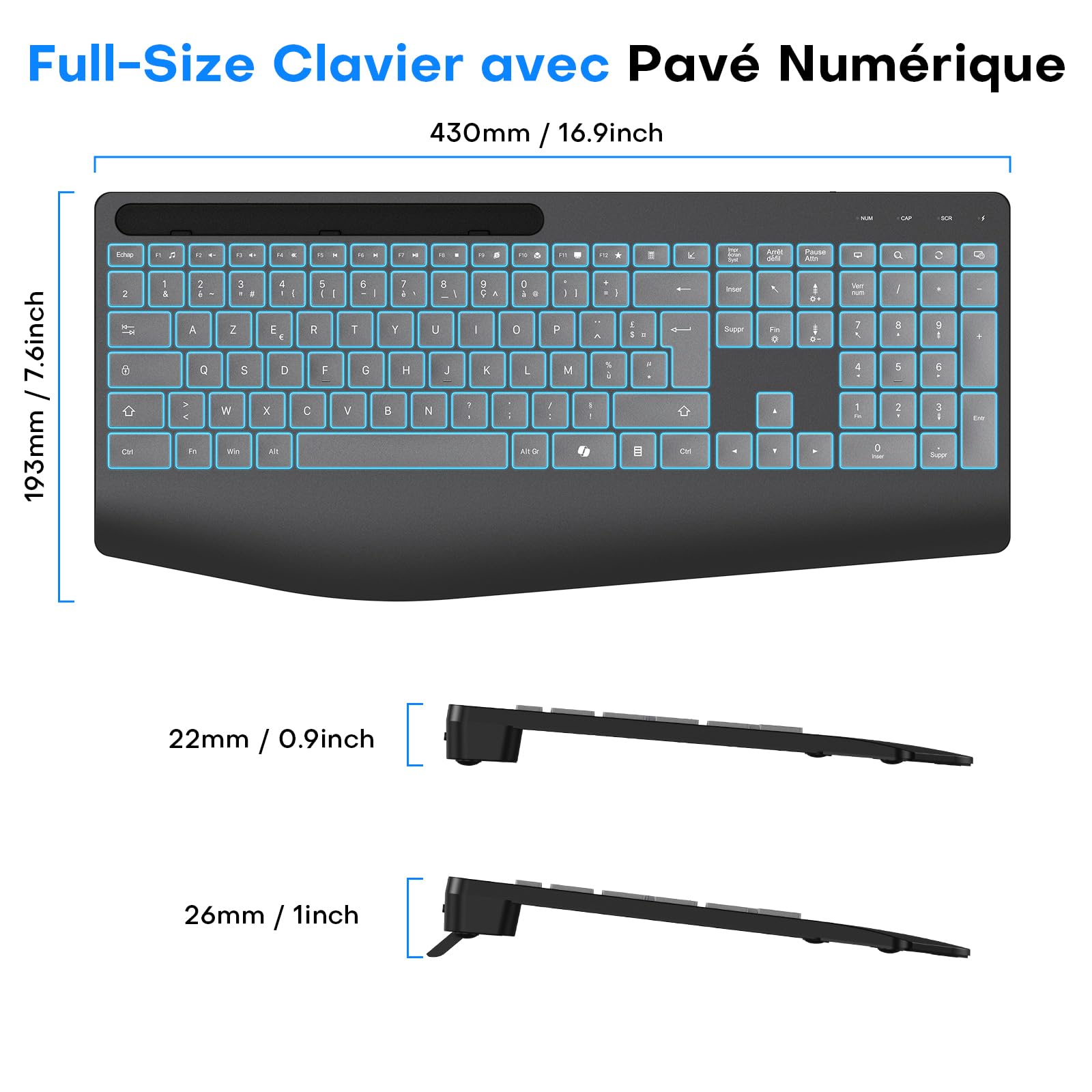 OMOTON Clavier sans Fil AZERTY Français, 2,4G Clavier Ergonomique Rechargeable avec Repose-Poignet, Wireless Keyboard Rétroéclairé, Compatible PC Windows/Linux, Idéal Bureau, Gris Graphite