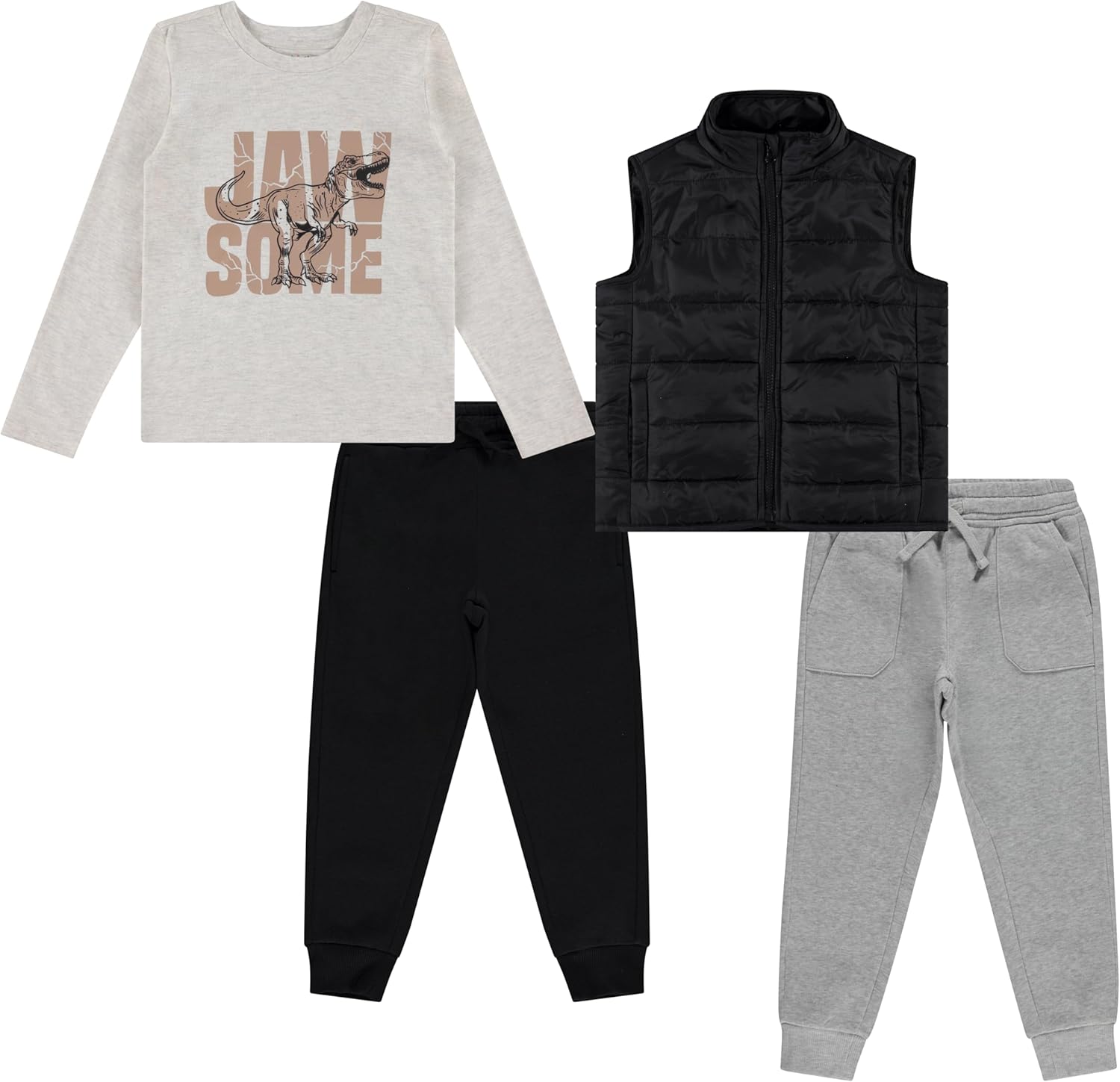STITCH & STONE 4 Piece Toddler Boys' Outfit Set Long Sleeve Dinosaur Graphic Shirt, Puffer Vest, and 2 Jogger Sweatpant
