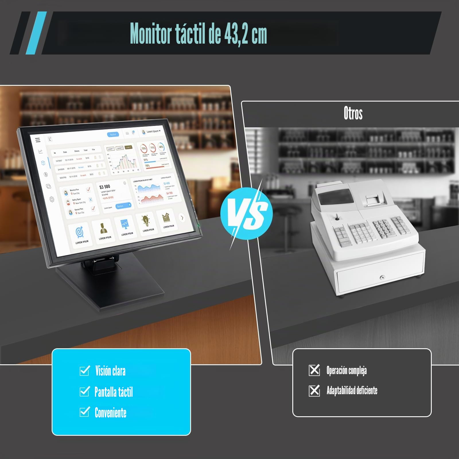Pantalla táctil LCD, pantalla táctil de 17 pulgadas, pantalla táctil de registro de efectivo, monitor de efectivo para PC, POS, caja registradora, restaurante, bar, cafetería, alta