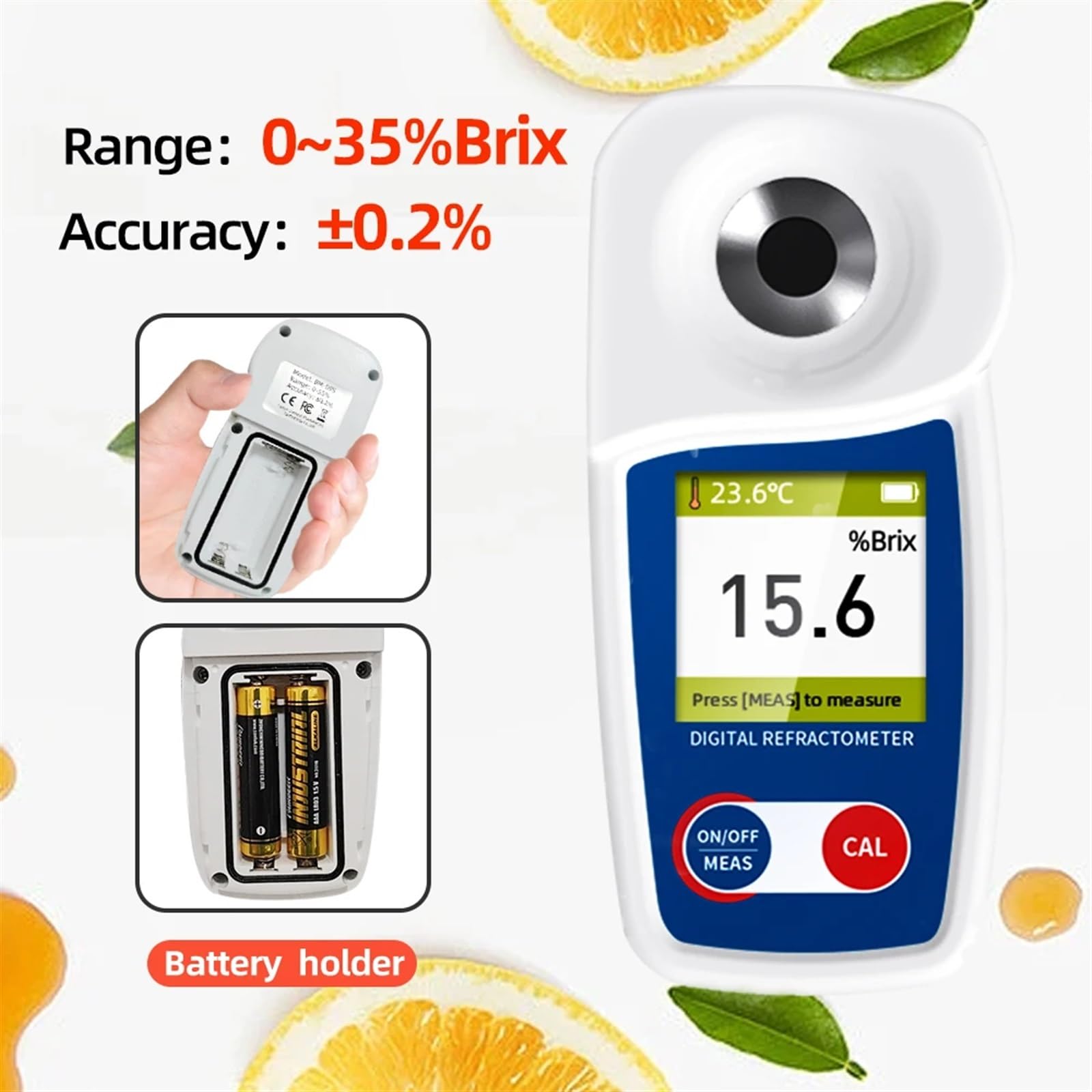 Refraktometer, Digitales Brixmeter 0–35%/0–55%, ± 0,2% Hochpräzises Refraktometer, Zuckergehaltstest for Obst, Säfte, Gemüse, Kaffee(0-35 (BM-05))