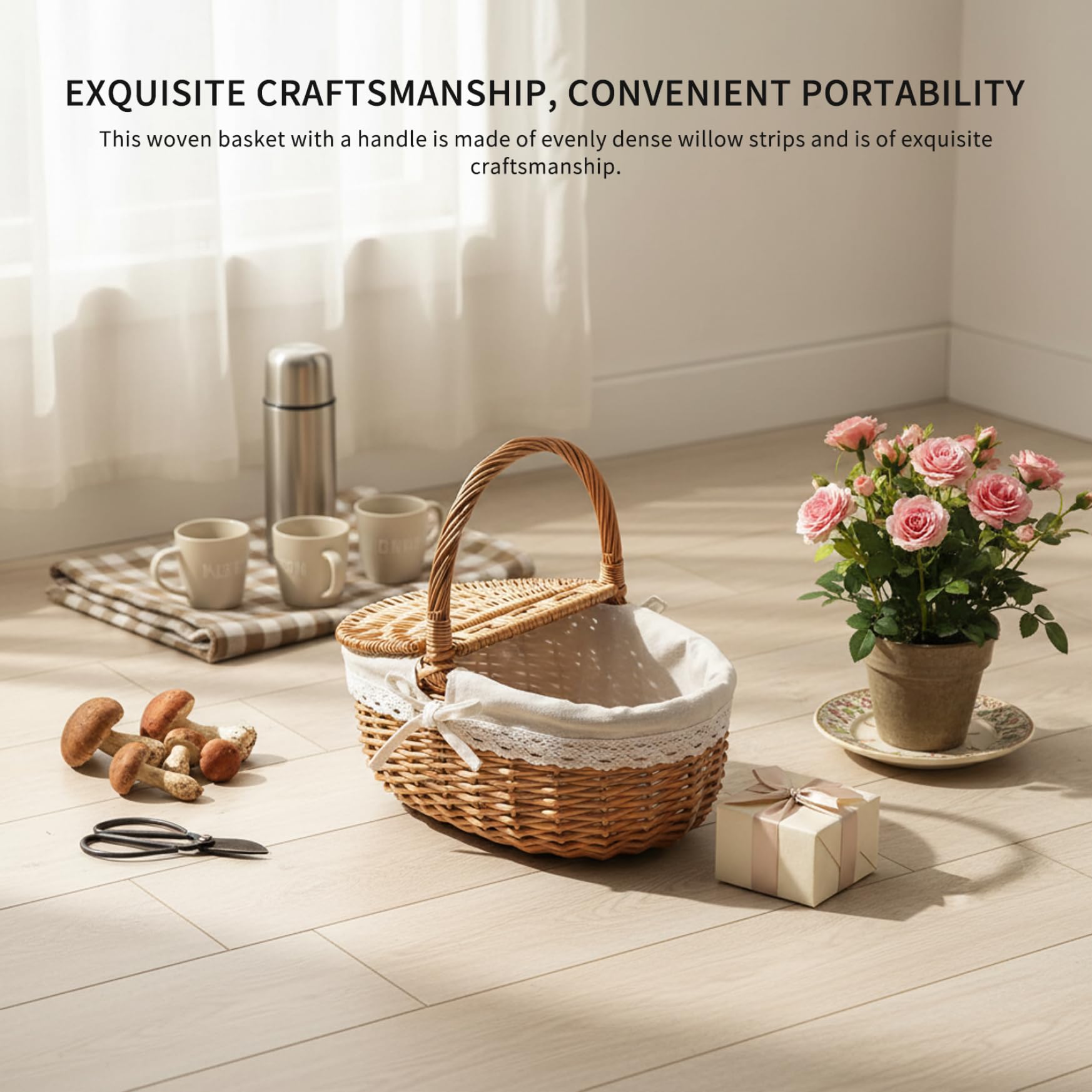 Cestino da picnic in tessuto stile vintage con coperchio e manici – Cestino da picnic in vimini per riporre la spesa campeggio, medio