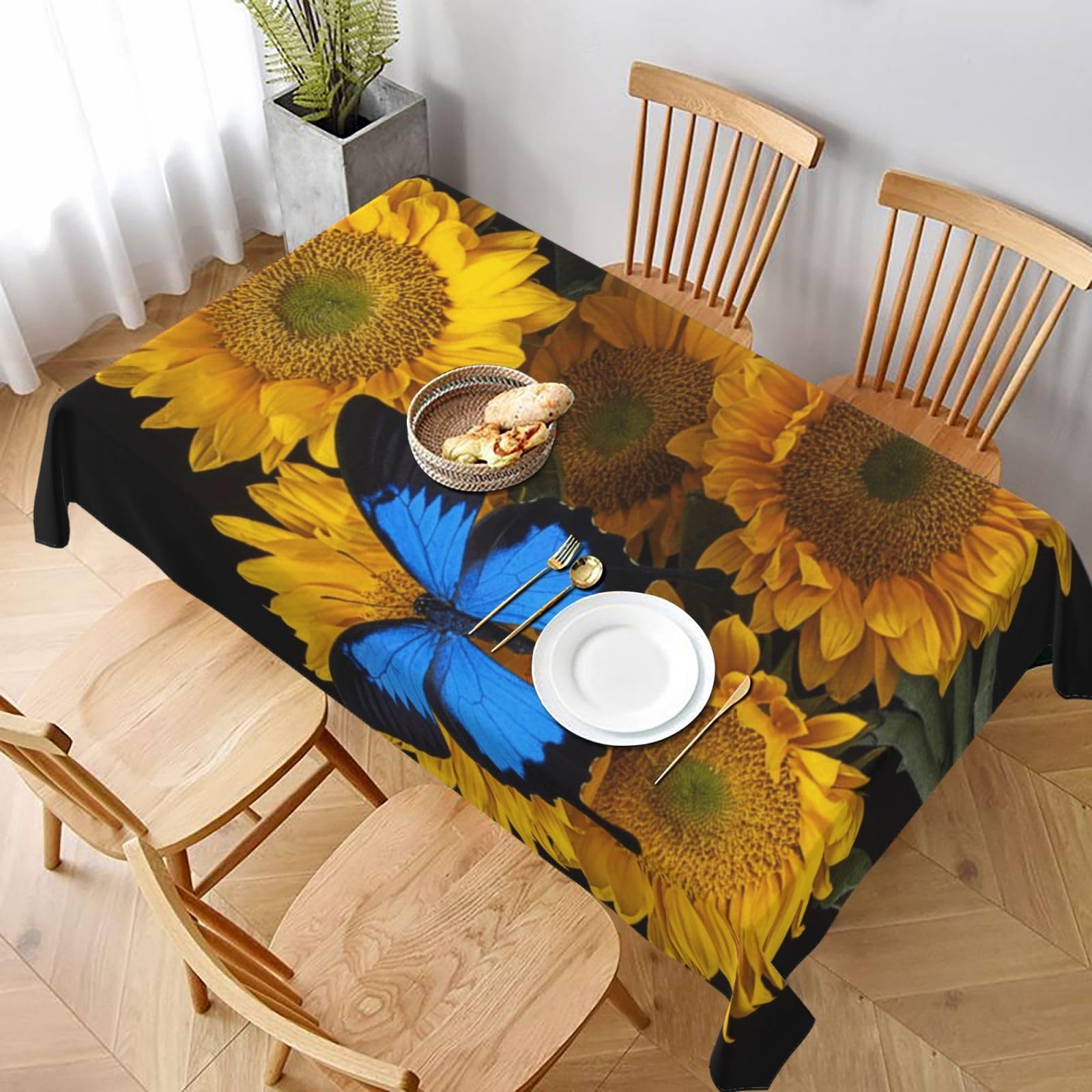 BNVSADC Yellow Sunflowers with Blue Butterflies Printed Rectangle Tablecloth 228x152 CM, Water Resistant Polyester Table Cloth Decorative Fabric Table Covers for Kitchen Dining Table Parties Camping