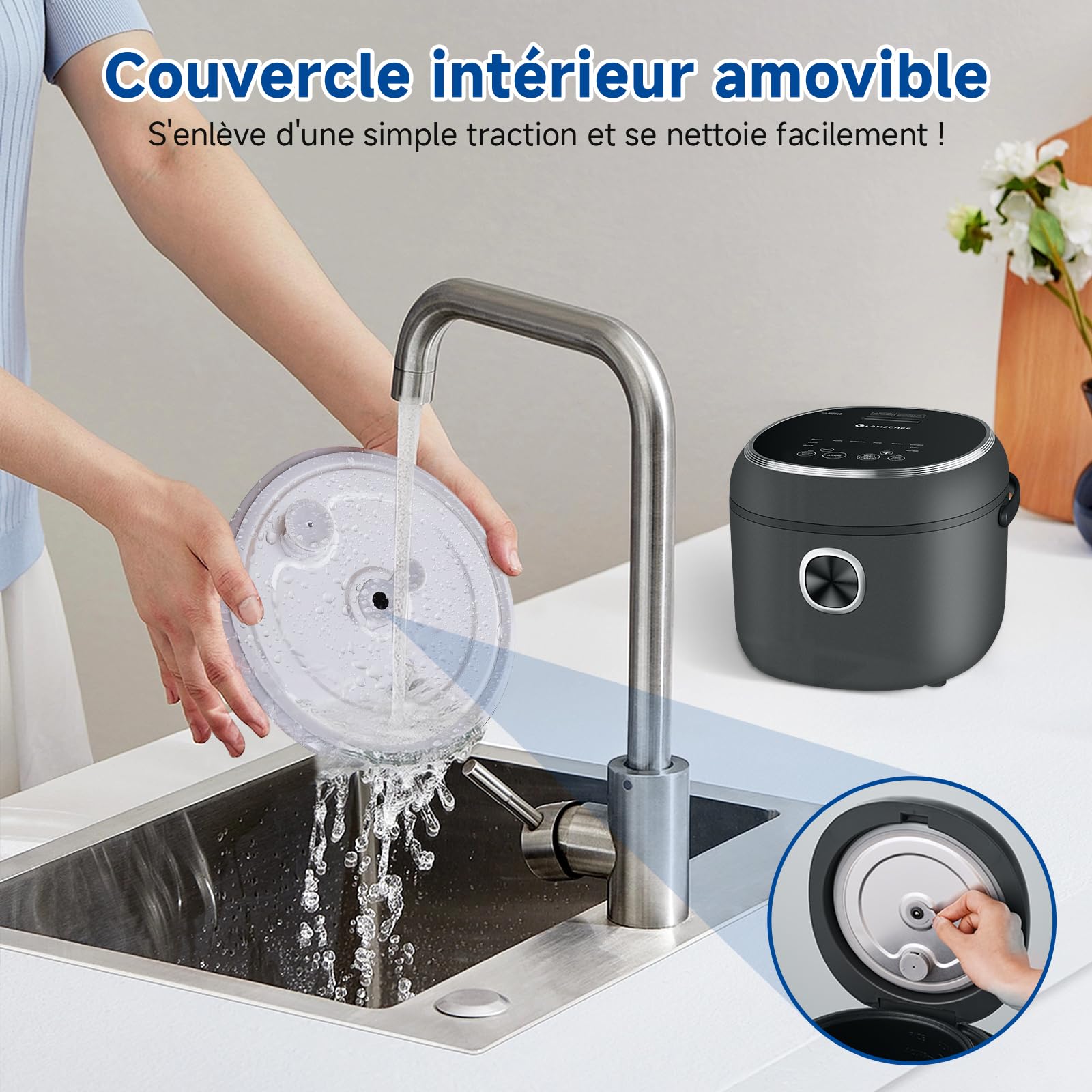 Cuiseur à riz AMZCHEF 2L, cuiseur à riz électr. avec 12 menus prédéf., affichage num., 4 tasses pour 1-4 pers., minuteur 24H et maintien au chaud 12H, poignée de transport, panier vapeur, 400W