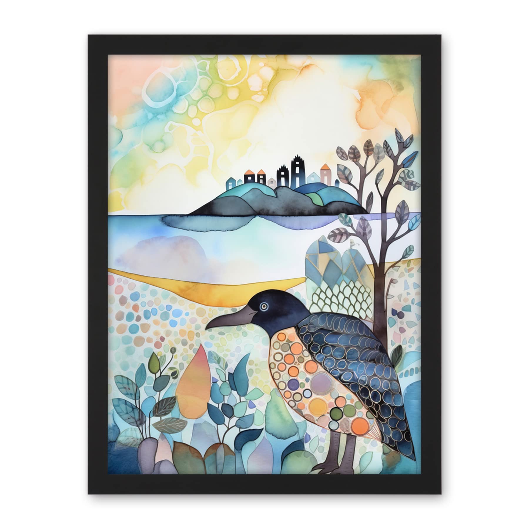 Artery8 Coastal Island Wildlife Folk Art Watercolour Painting Artwork Framed Wall Art Print 18X24 Inch