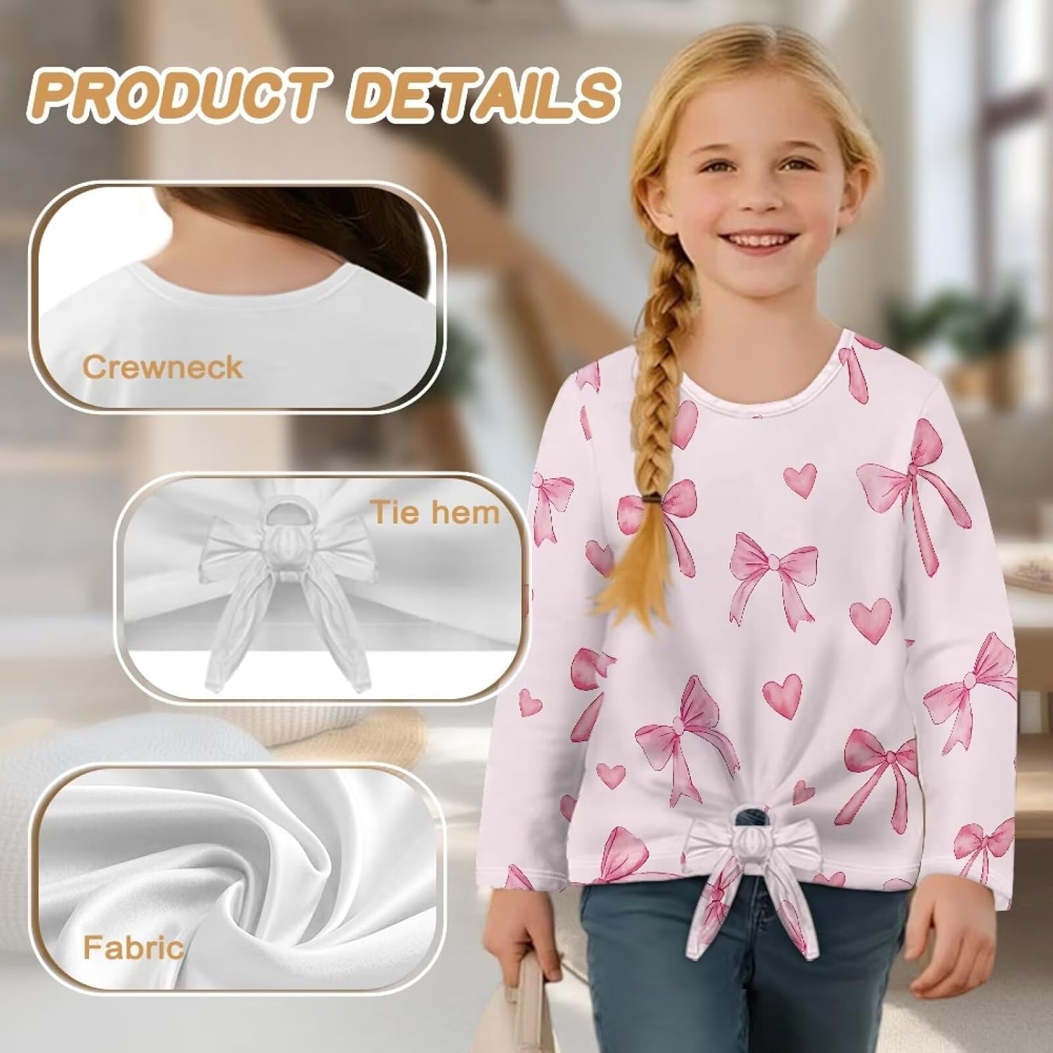 Girls Long Sleeve Shirts with Tie Hem, Crewneck Casual Blouses Tops, Loose Lightweight Sweatshirt 5-12 Years