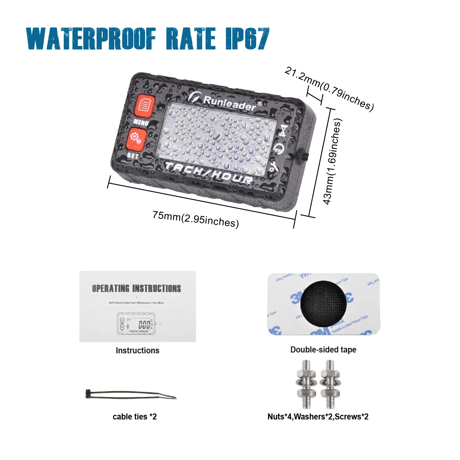 Runleader Horas de mantenimiento digital Tacómetro, reloj y pantalla de retroiluminación, batería reemplazable para tractor de jardín, compresor, soplador de hojas, jetski, ATV, motor(058B, RD)