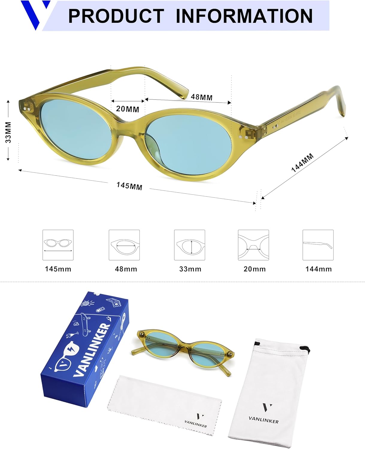 VANLINKER Retro Oval Cat Eye Sunglasses for Women Men Small 90s Style Vintage Trendy Narrow Frame VL9844 - Image 5