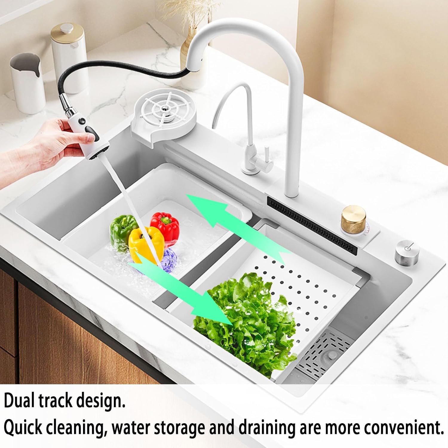 Waterfall Kitchen Sink White 304 Stainless Steel Waterfall Pull-Faucet Single Bowl Bar sinks Family Kitchen Sink with Full set Accessories (29.5"x17.7"x9", White)
