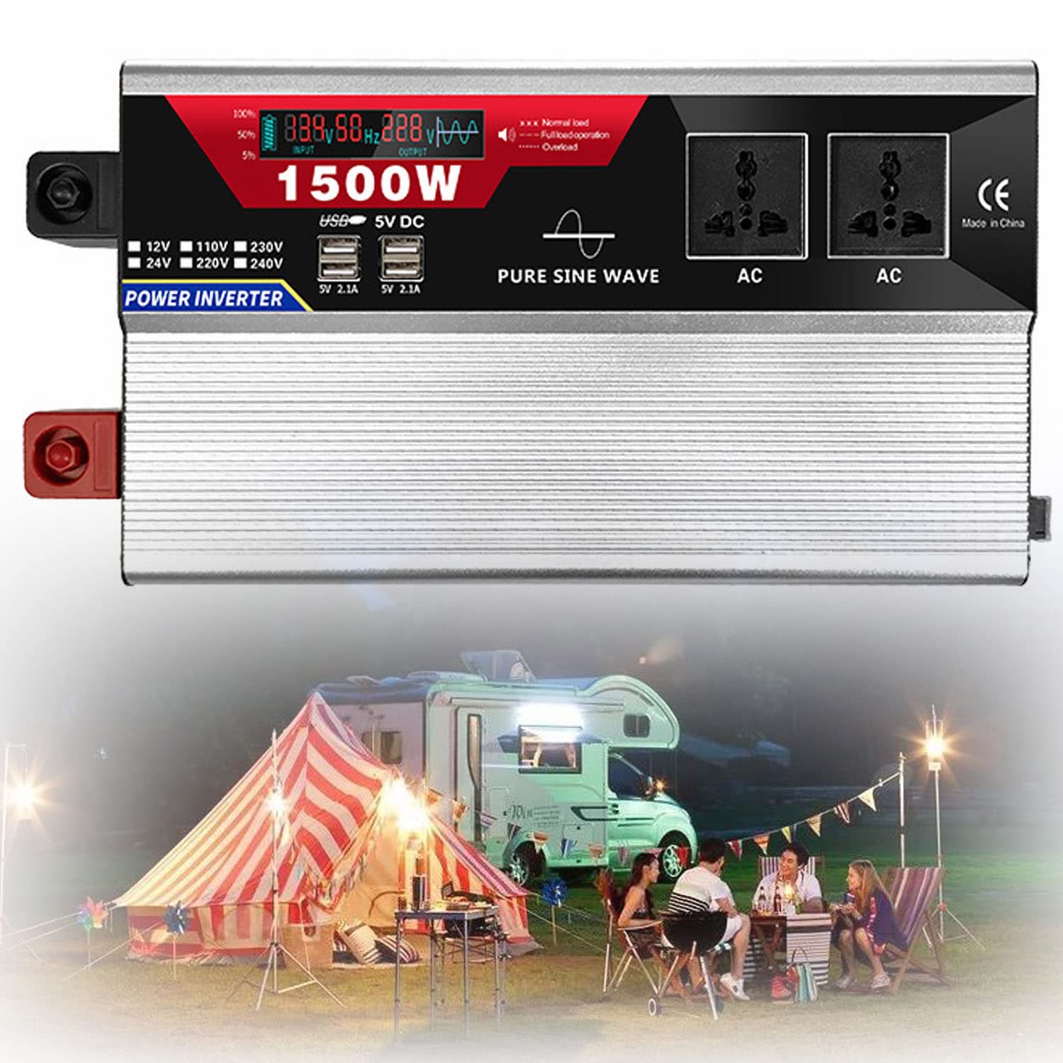 1000W 1500W 2000W 3000W (wyjście ciągłe) czysta fala sinusoidalna samochodowa przetwornica napięcia DC 12V/24V na AC 230V 240V konwerter z 2 gniazdami AC i wyświetlaczem LCD,1500W-12V