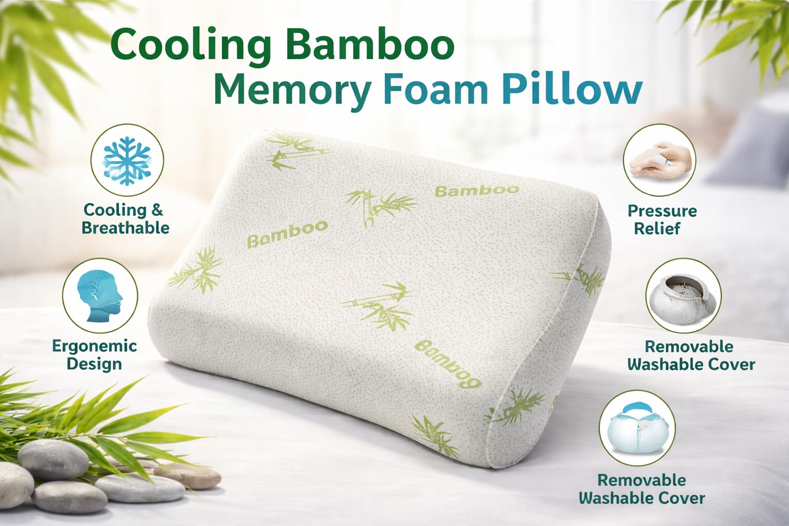 Cuscino Cervicale Memory Foam per Dormire Ortopedico Aloe Vera Guanciale a Doppia Onda Ideale per Supporto al Collo Ergonomico Traspirante Antirussamento Anallergico Federa Bamboo Lavabile