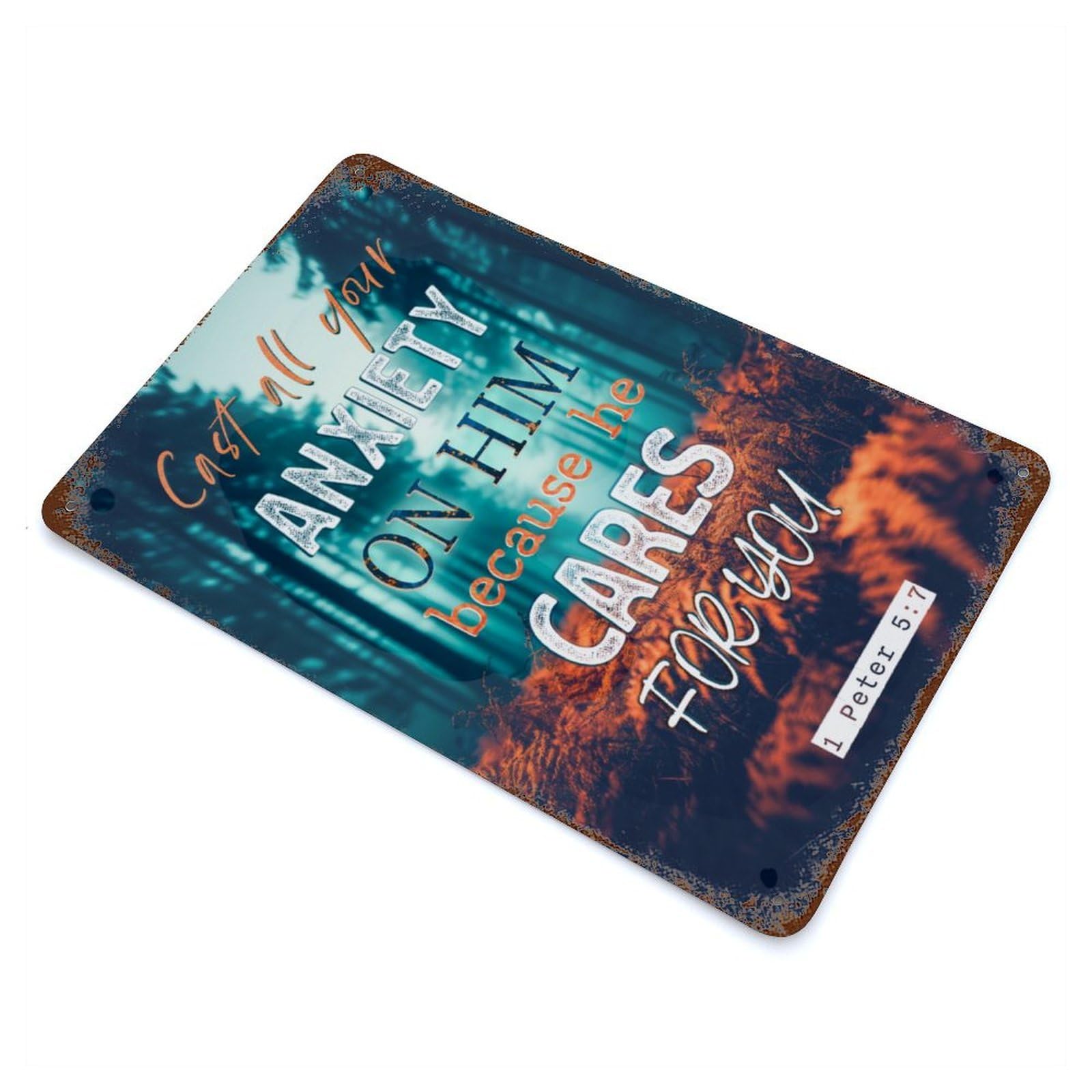 Bible Verse - Cast Your Anxiety Vintage Wall Sign 11.8"x7.9", Rust Effect Metal Decor for Basement, Hobby Room And Garage Decor