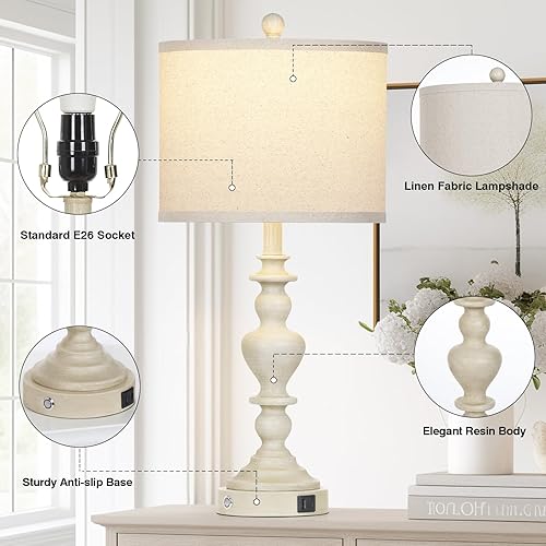 Miniatura 4 de Juego de 2 lámparas de mesa de granja de 27 pulgadas, lámparas de noche vintage con puertos de carga USB A+C, control táctil regulable de 3 vías,