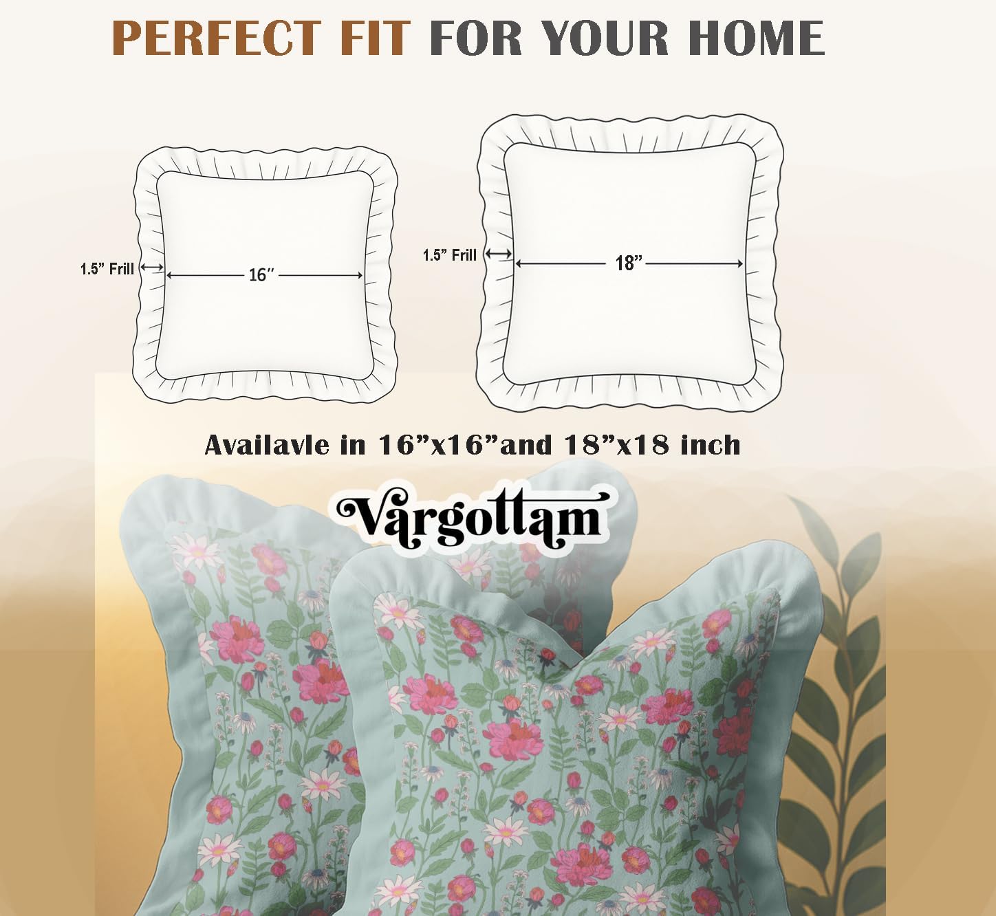 Cotton Twill Frill Cushion Covers 16 Inch Square, Set of 2, Reversible Print, Farmhouse Throw Pillow Covers with Hidden Zipper - Floral Print