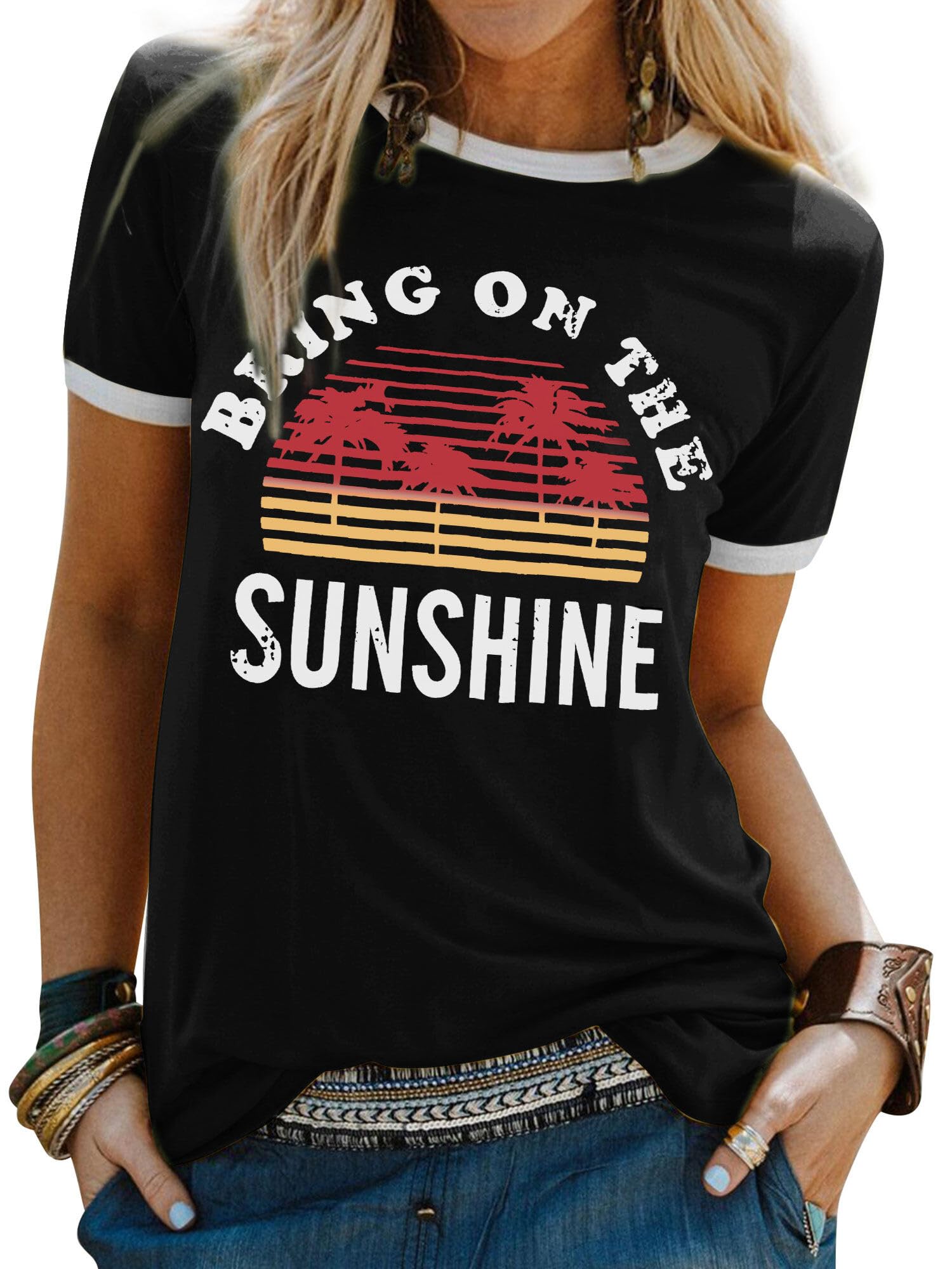 WIEIYM T-Shirt Damen Bring On The Sunshine Tshirt Sommer Lässig Tee Shirt Rundhals Kurzarm T-Shirts Brief Gedruckt Bluse Tops S-XXL