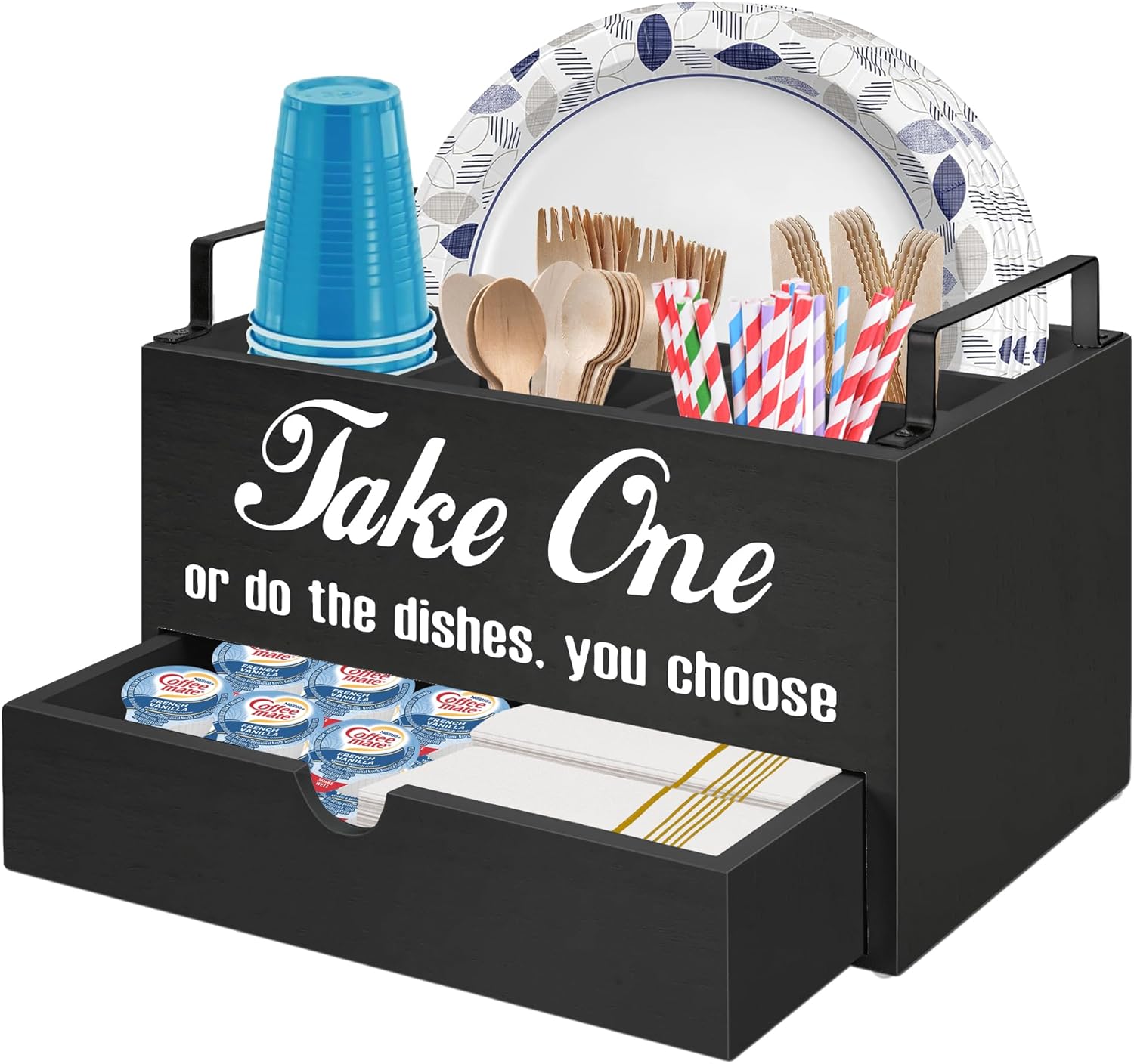 Paper Plate Holder Countertop, Utensil Caddy with Drawer