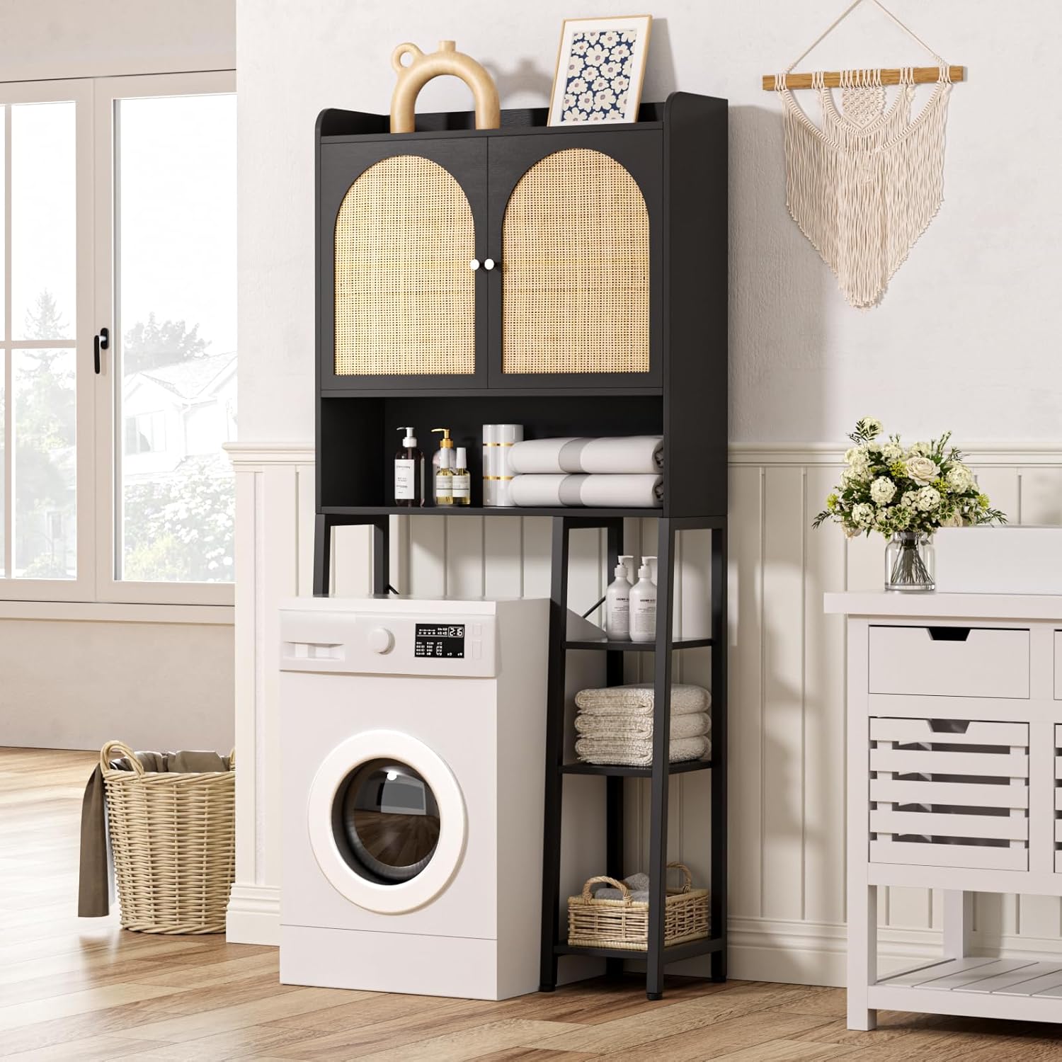 FiveWillowise Rattan Over The Toilet Storage Cabinet with Adjustable Shelf, Bathroom Organizers and Storage with Metal Stand and Wood Rack, Tall Freestanding Shelf Space Saver, Black