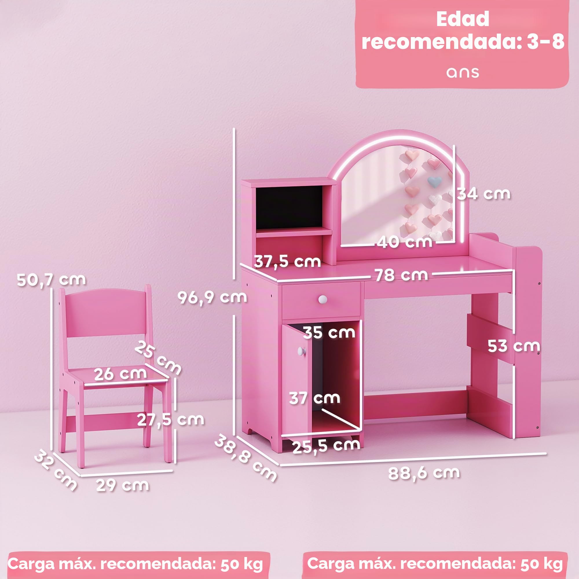 AIYAPLAY Tocador infantil con taburete y espejo LED, tocador de madera para niña con cajón, armario, 2 compartimentos abiertos y 3 estantes, mesa de maquillaje para niños de 3 a 8 años, rosa