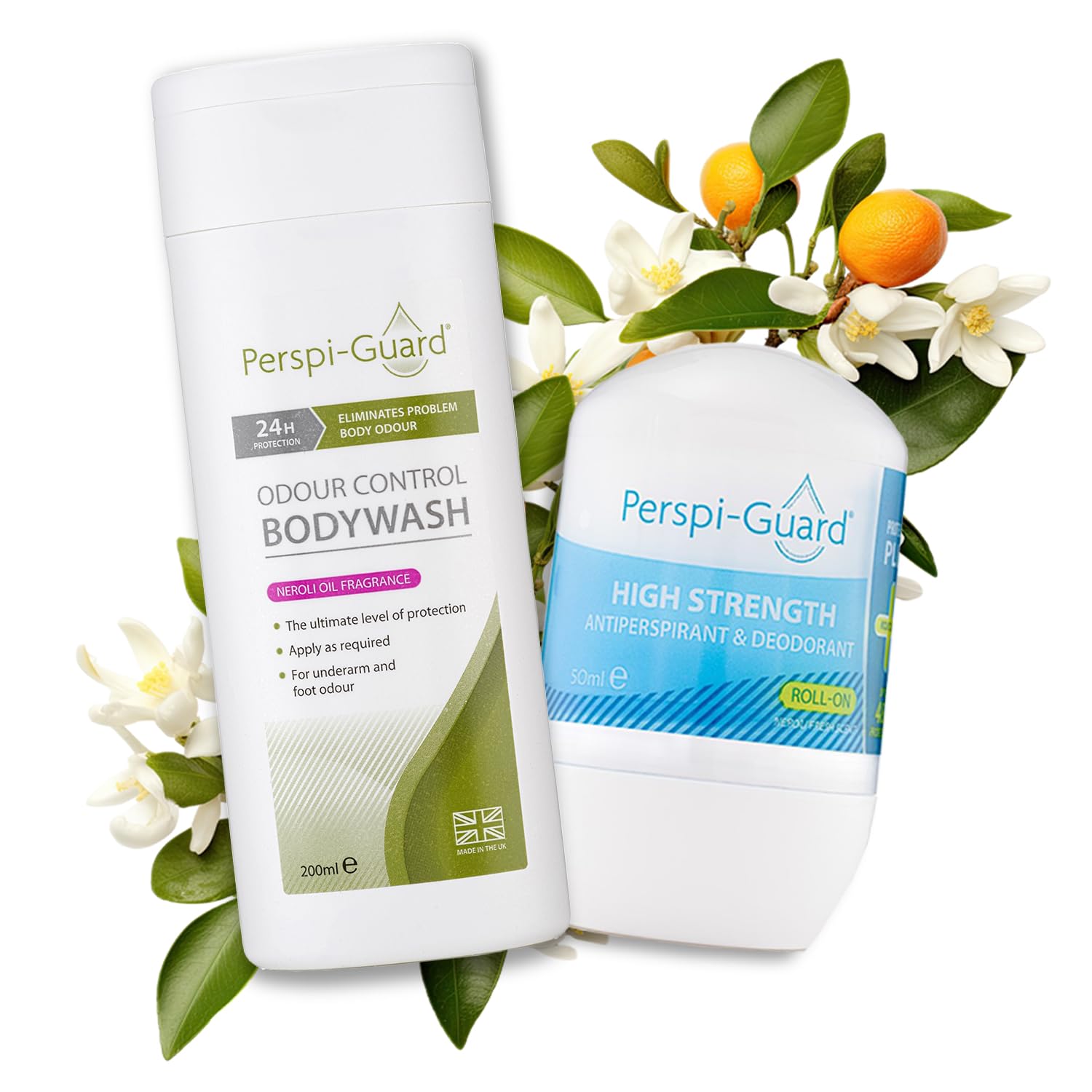 Perspi-Guard Antibacterial Body Wash & 48 Hr Strong Antiperspirant Duo w/Neroli - Unisex Odour Control Antibacterial Shower Gel w/Triclosan & Anti Sweat Deodorant for Excessive Sweating - 2-Pack