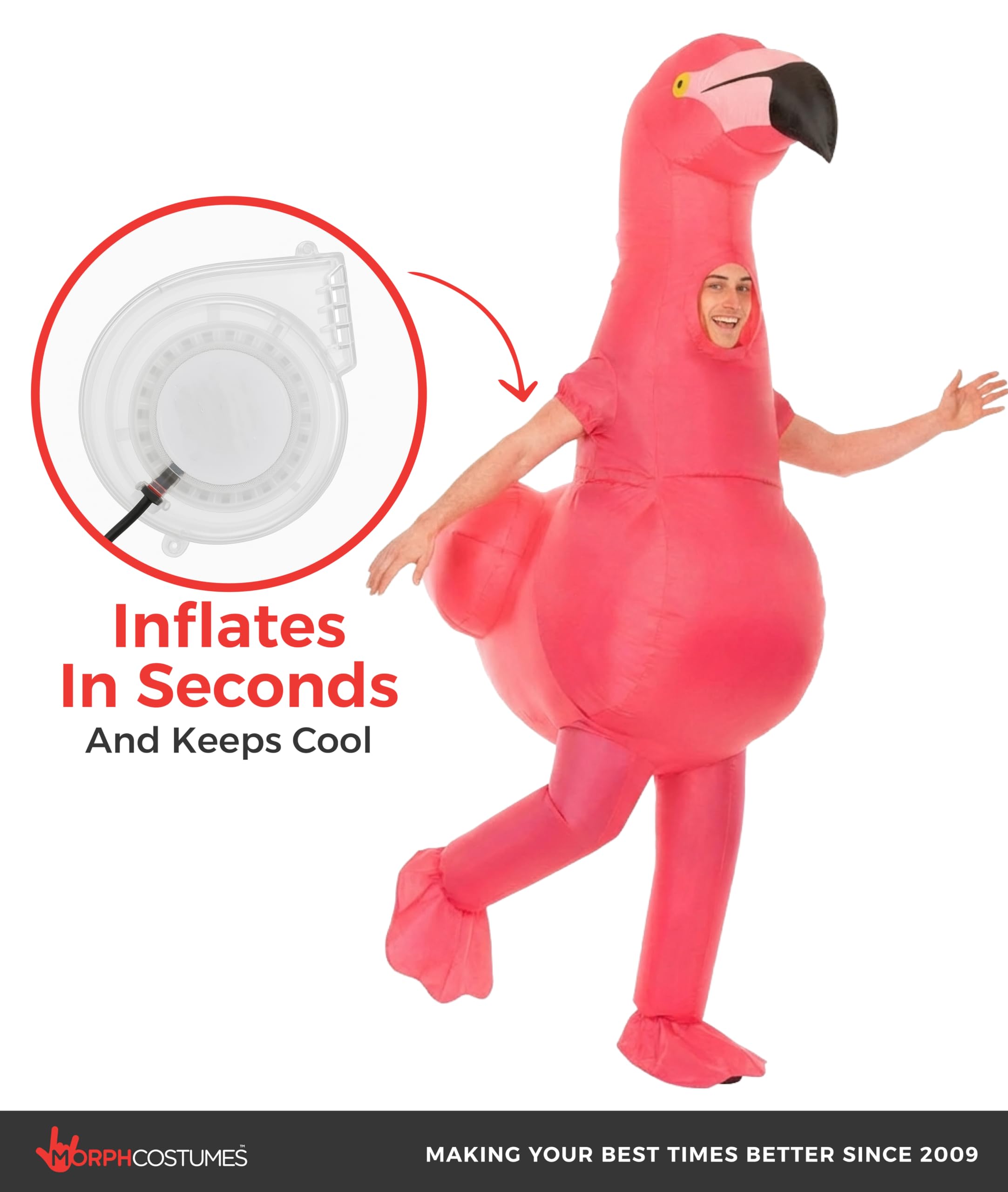 Morph Aufblasbares Flamingo Kostüm für Erwachsene, lustiges Tierkostüm für Karneval, Fasching oder Halloween