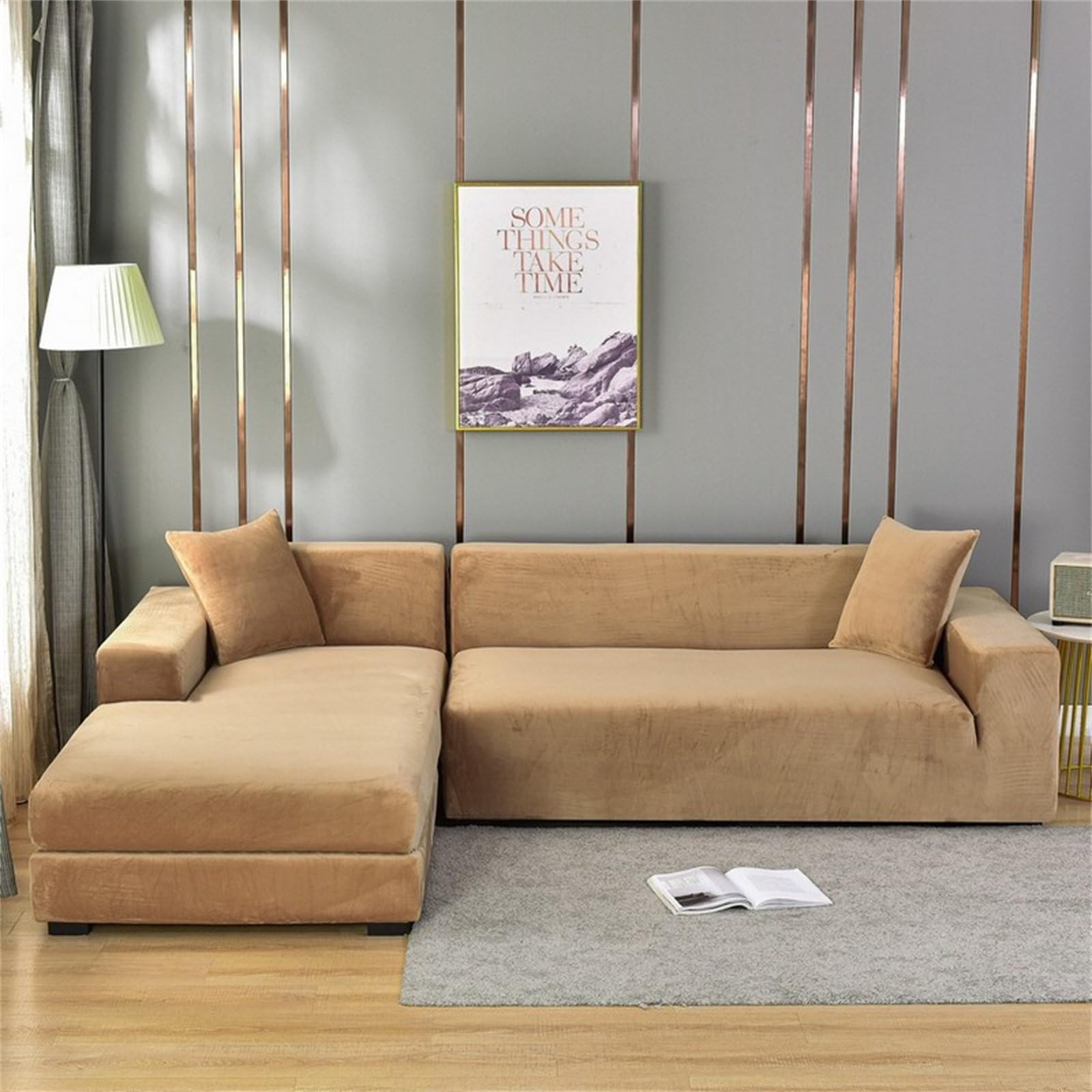 Odot Sofa Cover,Stretch Silver Fox Velvet Sofa Cover 1 2 3 4 Seater,Breathable Soft Sofa Slipcovers,for Corner Sofa Cover L Shape,Couch Cover Non Slip Furniture Protector Cover (Camel,2 Seater)