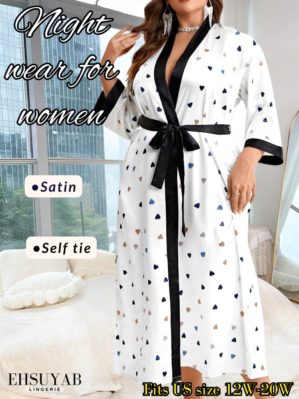 EHSUYAB Sexy Plus Size Robe For Women, Fits 12W-20W, Long Silky Satin Robes Valentines Boudoir Sleepwear