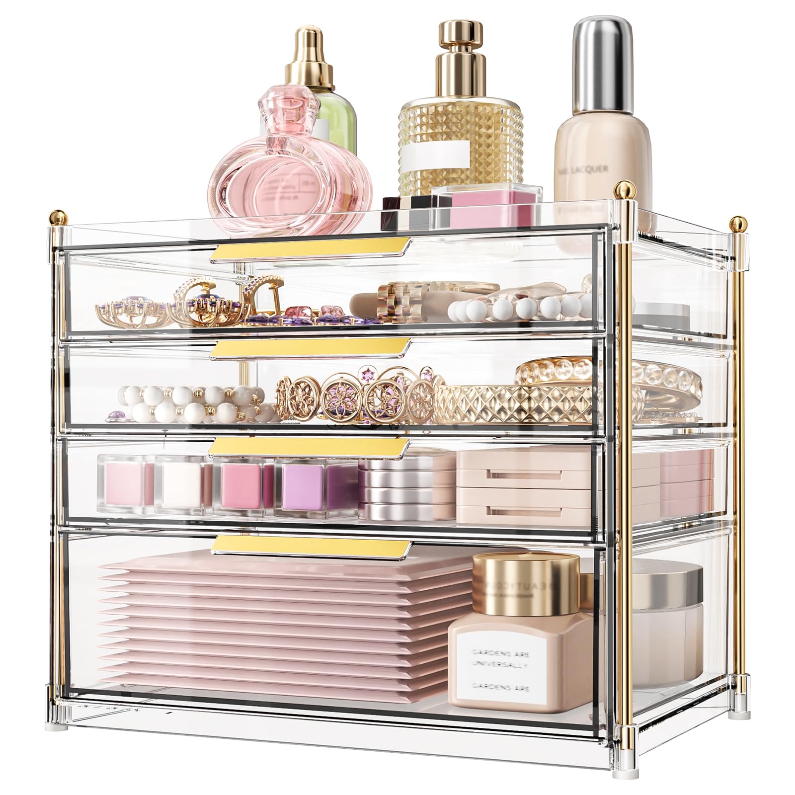 Aveniee 4 Drawers Makeup Organizer- Bathroom Counter Organizers and Storage, Plastic Bins Versatile Perfume Vanity Desk Organization for Cosmetic, Skincare, Face Mask, Jewelry, Clear