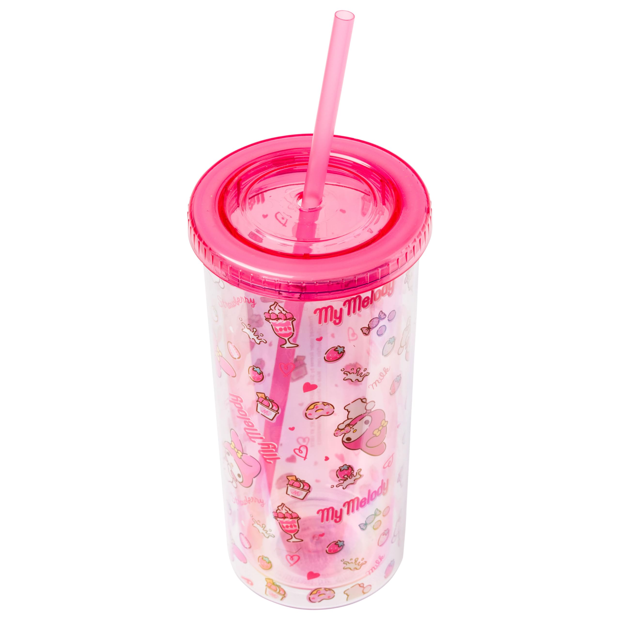 Silver Buffalo Sanrio My Melody - Taza fría alta de plástico con tapa y pajita, 20 onzas | Hello Kitty and Friends, patrón de fresa, dona y batido, incluye tapa y pajita, 0,59 litros