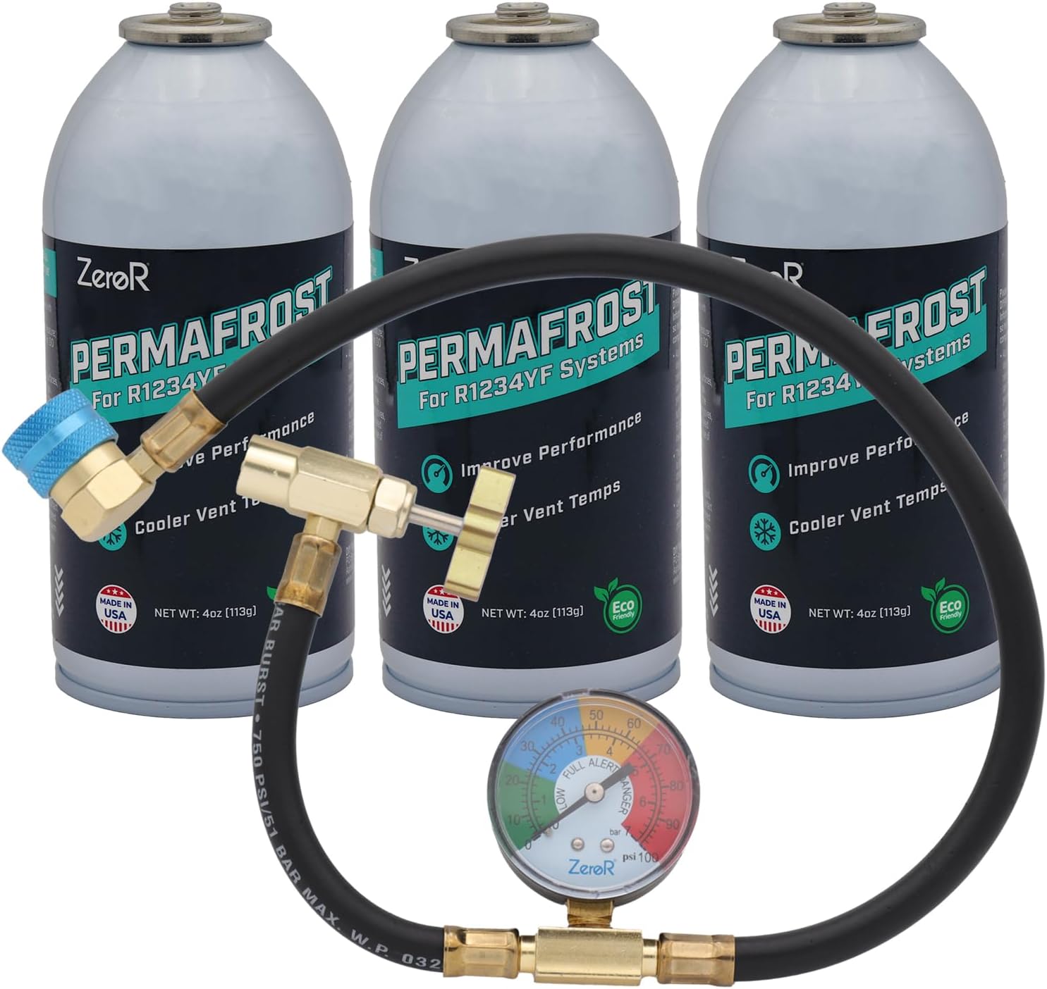 ZeroR® Permafrost for R1234YF AC Systems | Performance Booster | 4 Cans + 24" HD Can Tap Gauge