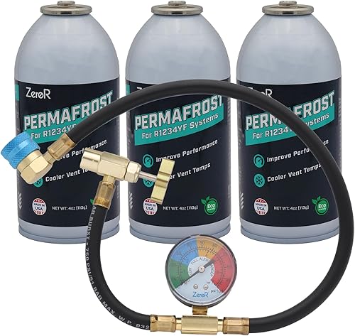 Vista 12 de ZeroR® Permafrost para sistemas de CA R1234YF Potenciador de rendimiento 5 latas + medidor de grifo HD de 24 pulgadas