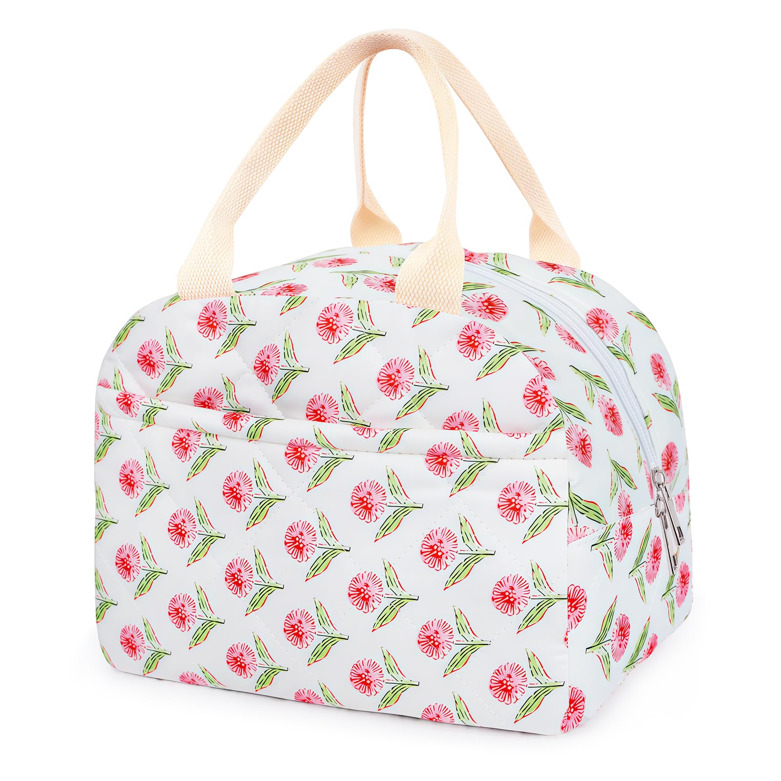 Cotton Quilted Insulated Lunch Bag, Cute Quilted Floral Lunch Tote Bags Reusable Insulated Lunch Box Coquette Aesthetic Large Capacity Insulated