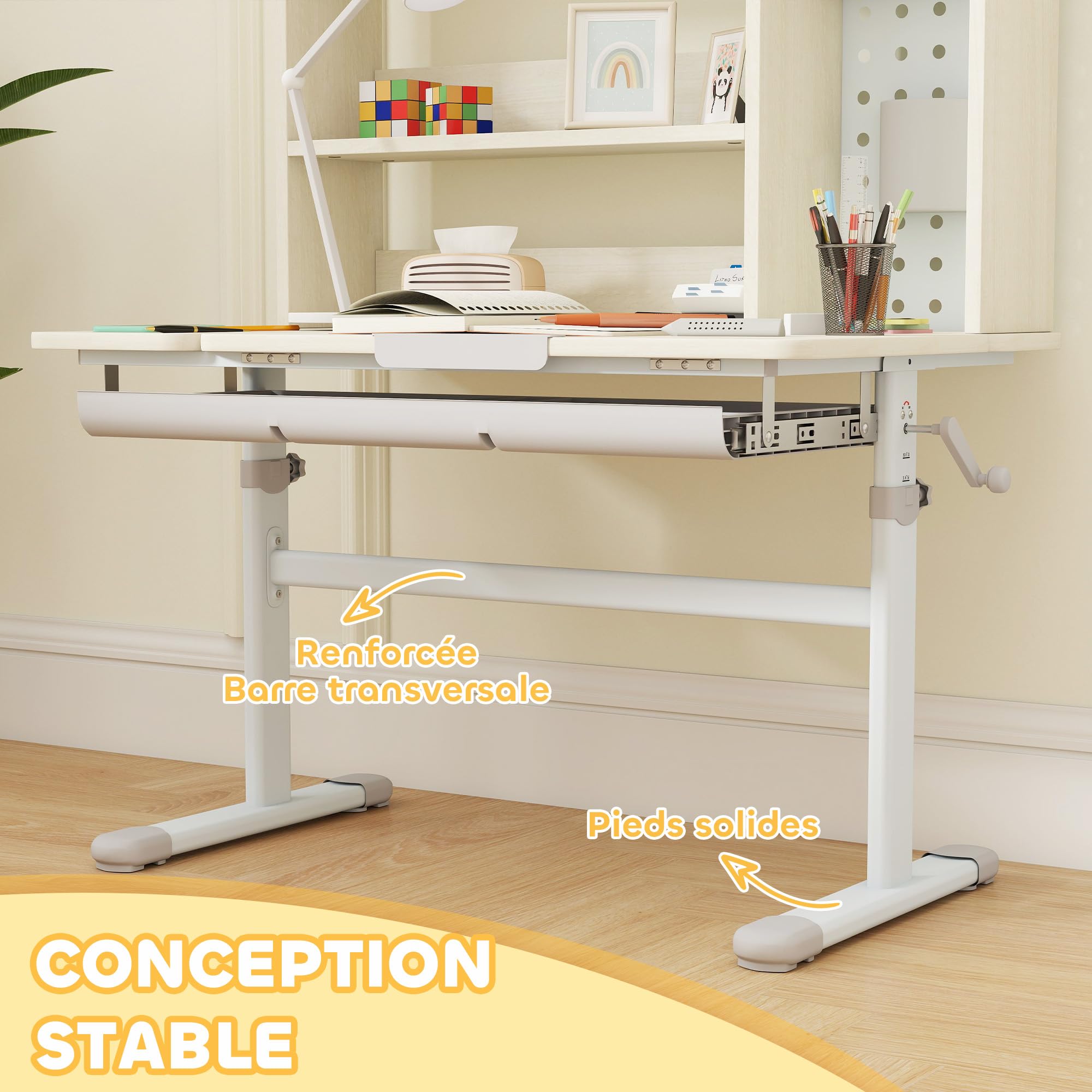 AIYAPLAY Bureau pour Enfants, Table d'étude réglable en Hauteur avec Plateau inclinable, Rangement, Panneau perforé, 3-12 Ans, Naturel